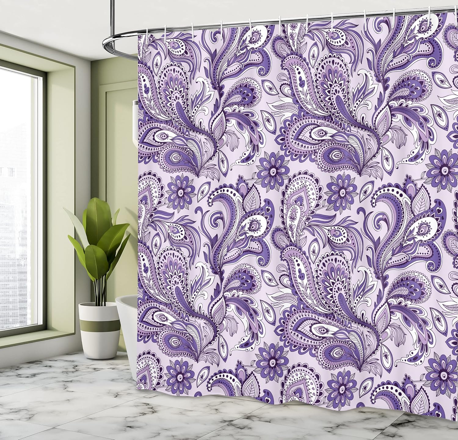 Ambesonne Paisley Shower Curtain, Ethnic Art Swirly Flowers Leaves Floral Pattern Bohemian Style Country Print, Cloth Fabric Bathroom Decor Set with Hooks, 69" W x 84" L, Violet Pale Lilac