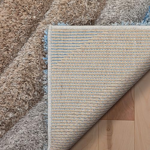 Miniatura 4 de Tapete peludo de felpa suave con textura en 3D, diseño de rayas geométricas, color azul y gris, grueso y suave