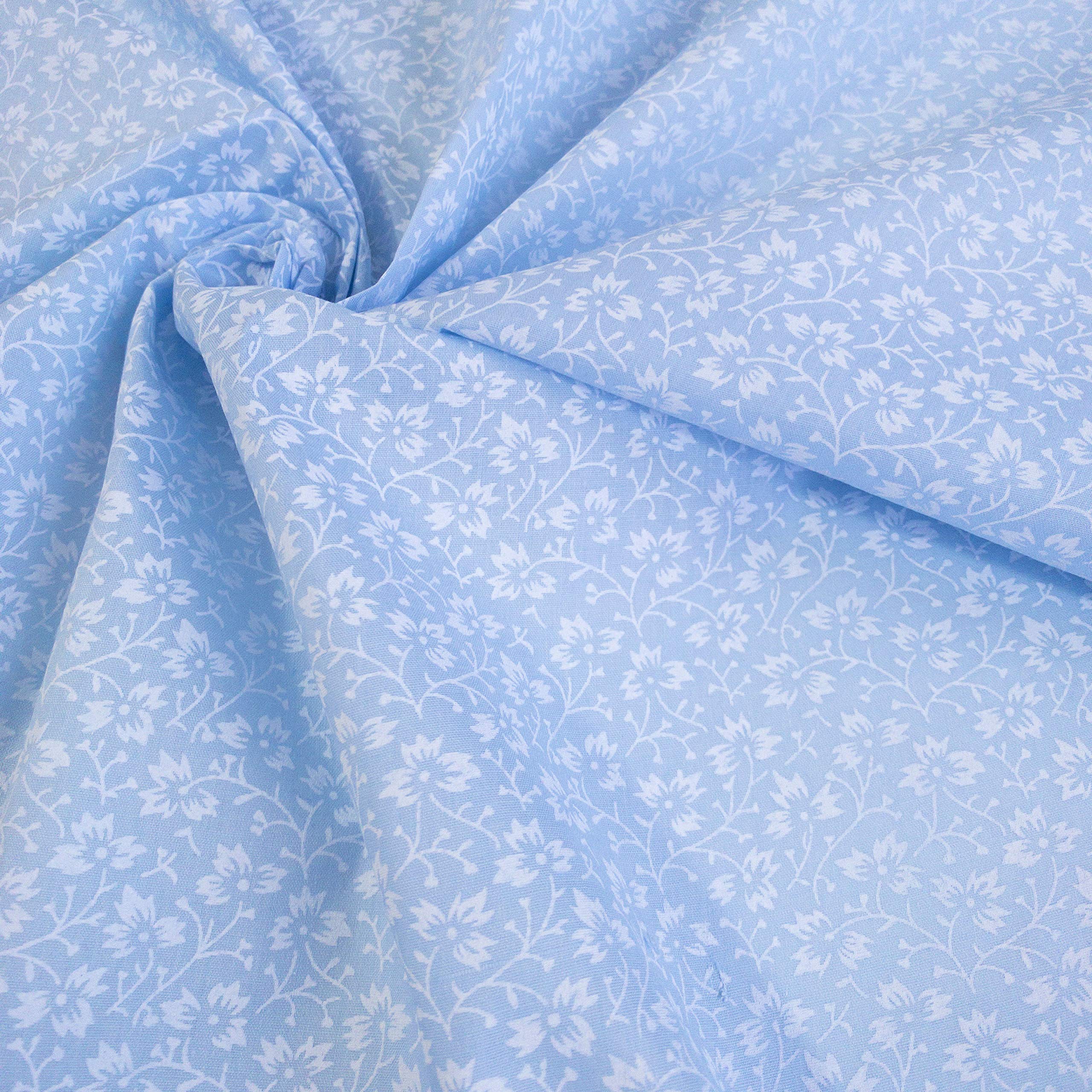 Rolled Up Fabrics Blue Blossom Ditsy Leaves Floral Polycotton Fabric (Per Metre) By