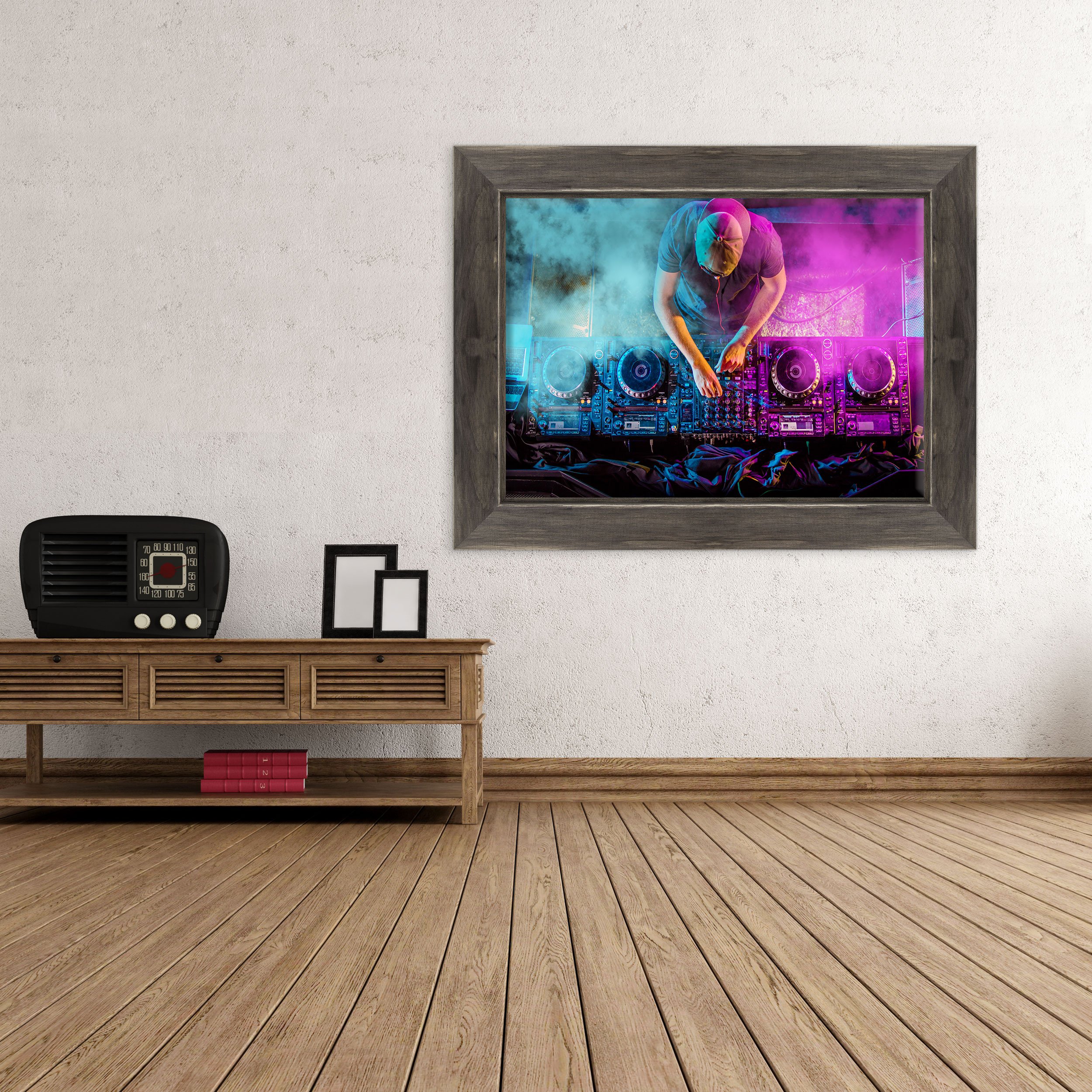 Quadro su Tela Canvas INTELAIATO - con Cornice - Deejay DJ - Piatti Discoteca - 50x70cm - Stile Country Nero Shabby - (cod.2204)