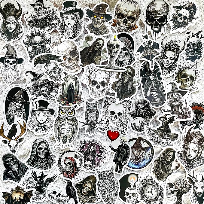 50pcs Black Horror Medieval Gothic Satanic Sticker - Vintage Skull, Witch, Grim Reaper, Owl, Crow Waterproof Vinyl Decals for Laptops, Water Bottles, Scrapbooking, Spooky Aesthetic Decor