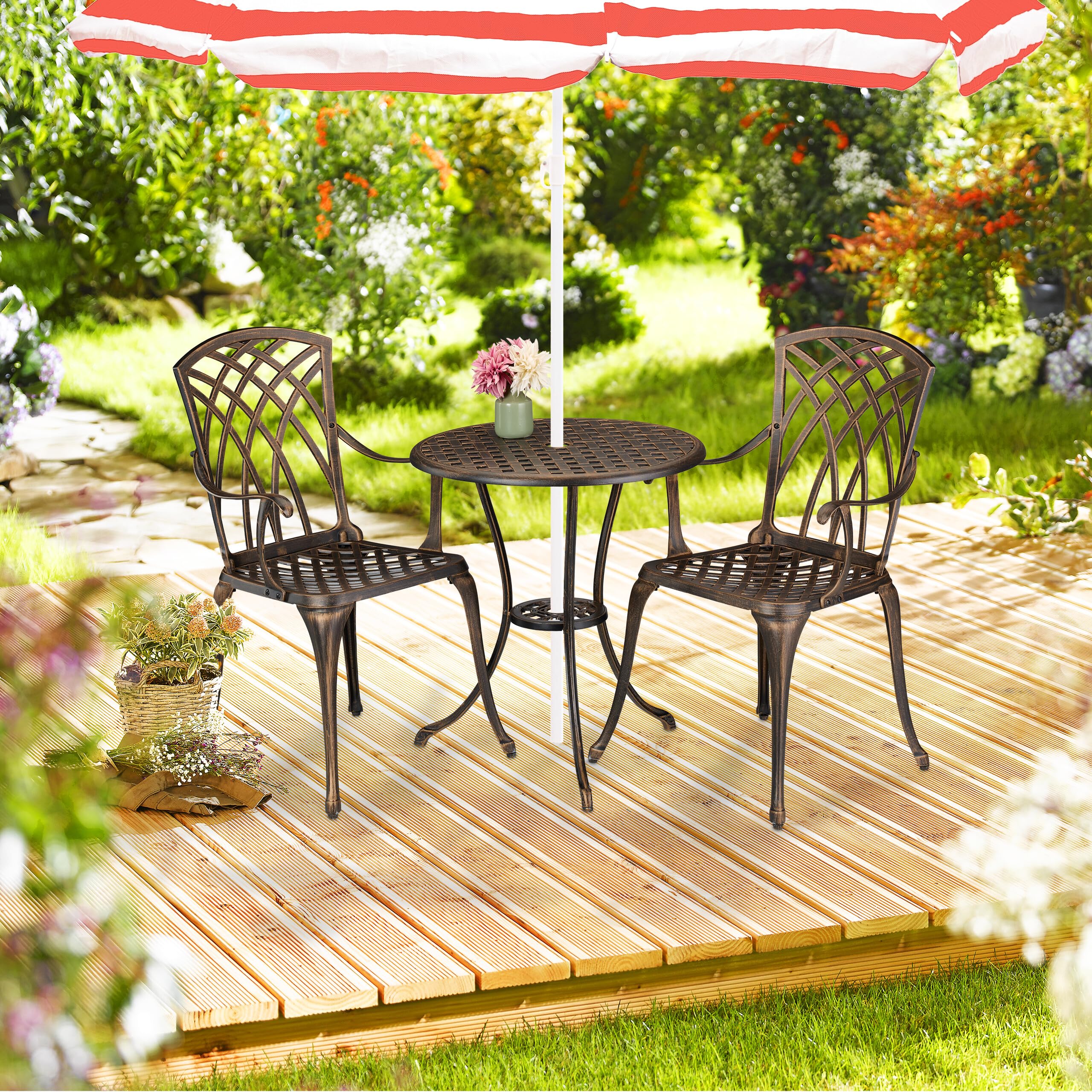 Relaxdays Gartenmöbel Set 3-teilig, Tisch, 2 Stühle, Aluguss, Balkonmöbel Antikdesign, Garten Sitzgruppe, schwarz/Bronze