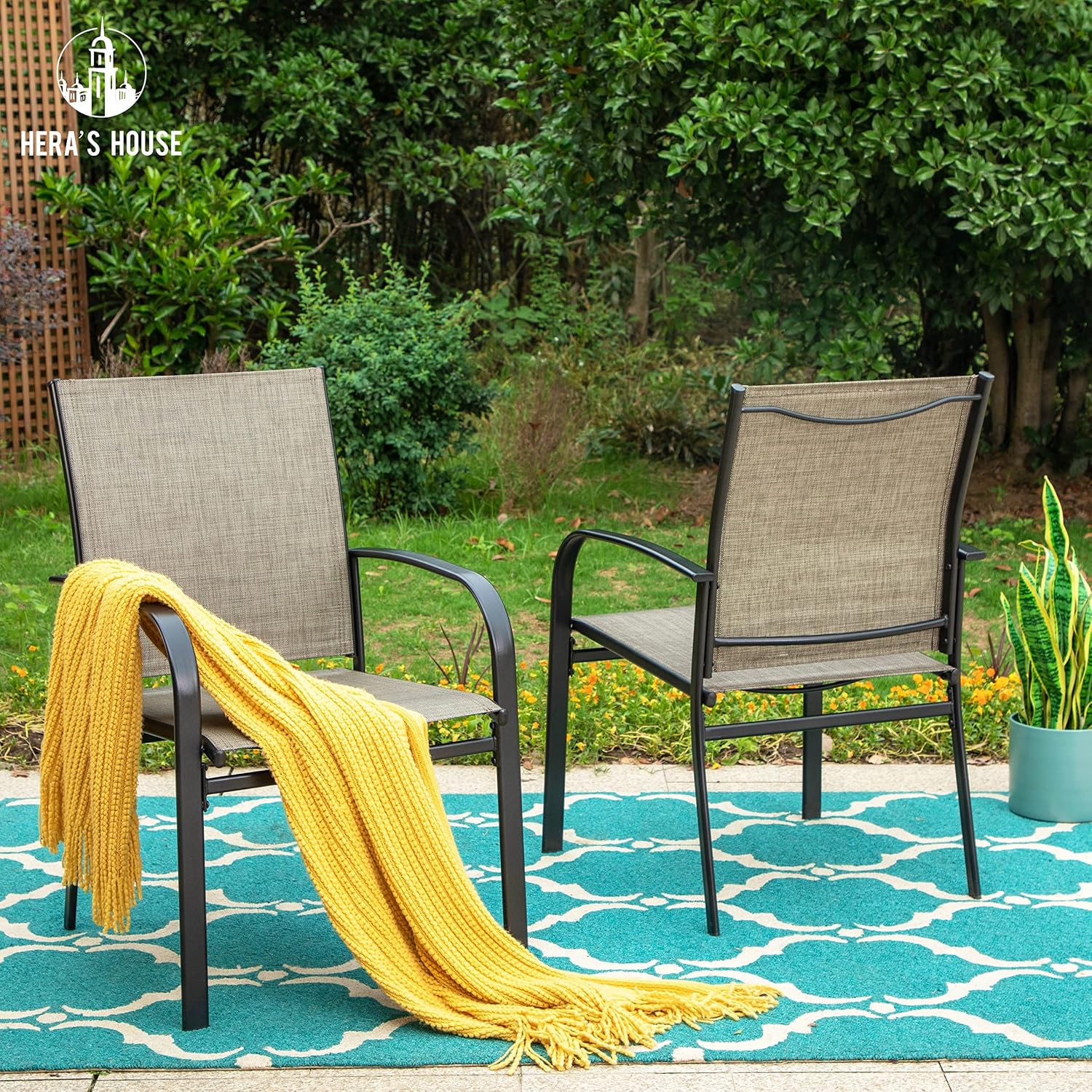 HERA'S HOUSE Patio Dining Chairs Set of 8, 36" Textilene Fabric Outdoor Chair with Wrought Iron Metal Frame Support 350lbs for Lawn Garden Backyard Kitchen, Brown