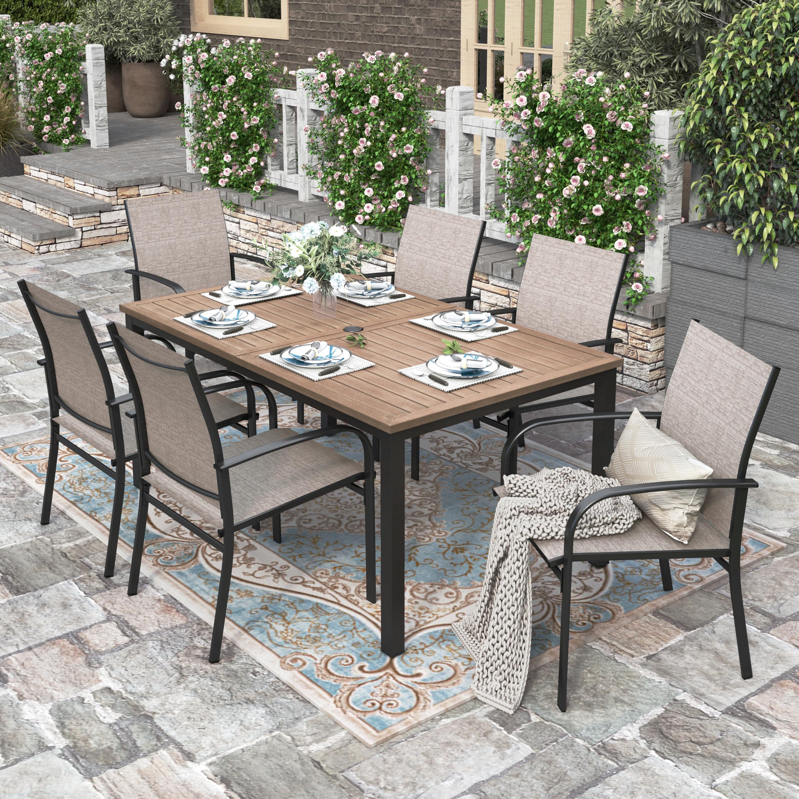 HERA'S HOUSE Outdoor Dining Set, 64" Wood Grain Rectangle Metal Table with Umbrella Hole and 6 Armrest Chairs, Patio Table and Chairs for Backyard