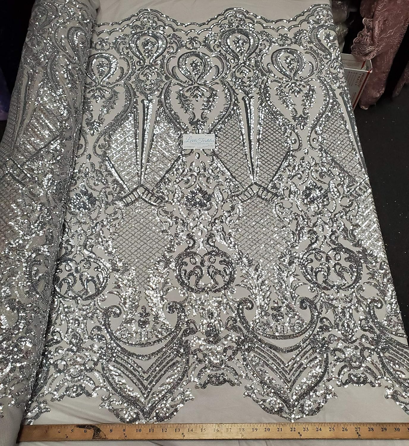 Melanie Design 4 Way Stretch Nylon Spandex Mesh Sequin Wedding Prom Quinceanera Fabric by The Yard (Silver)