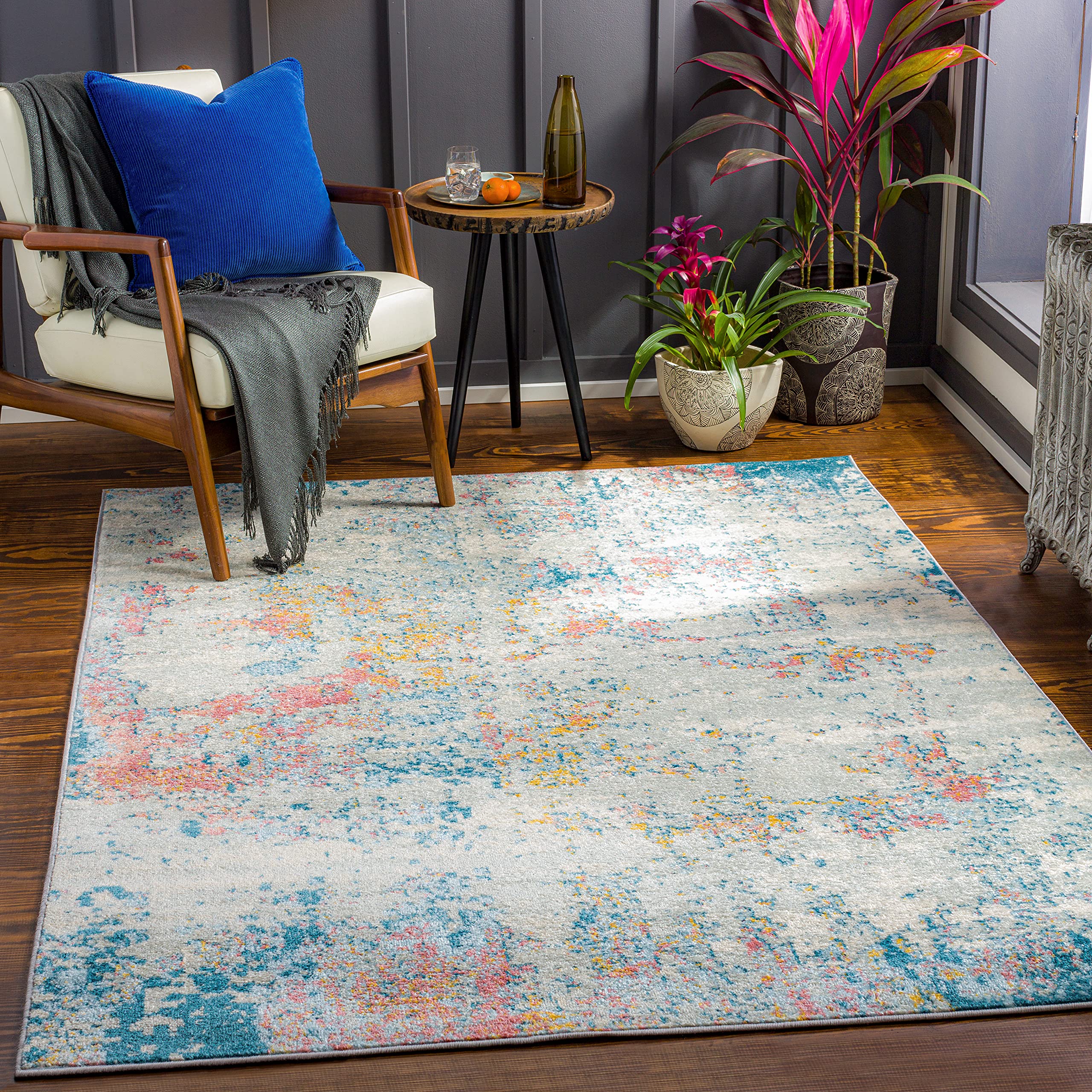 Livabliss Area Rugs - 9x12 Arti Modern Abstract Teal Rug for Living Room Bedroom - Large Blue Orange Gray Marble Patterned Stain Resistant Carpet for