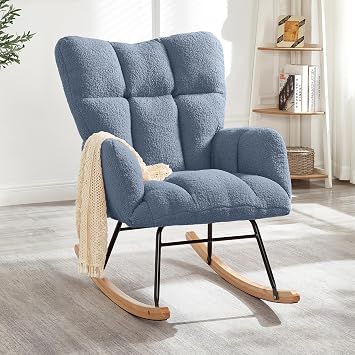 Light Blue Tufted Glider Rocking Chair with Teddy Fabric Upholstery and Metal Frame for Living Room and Bedroom