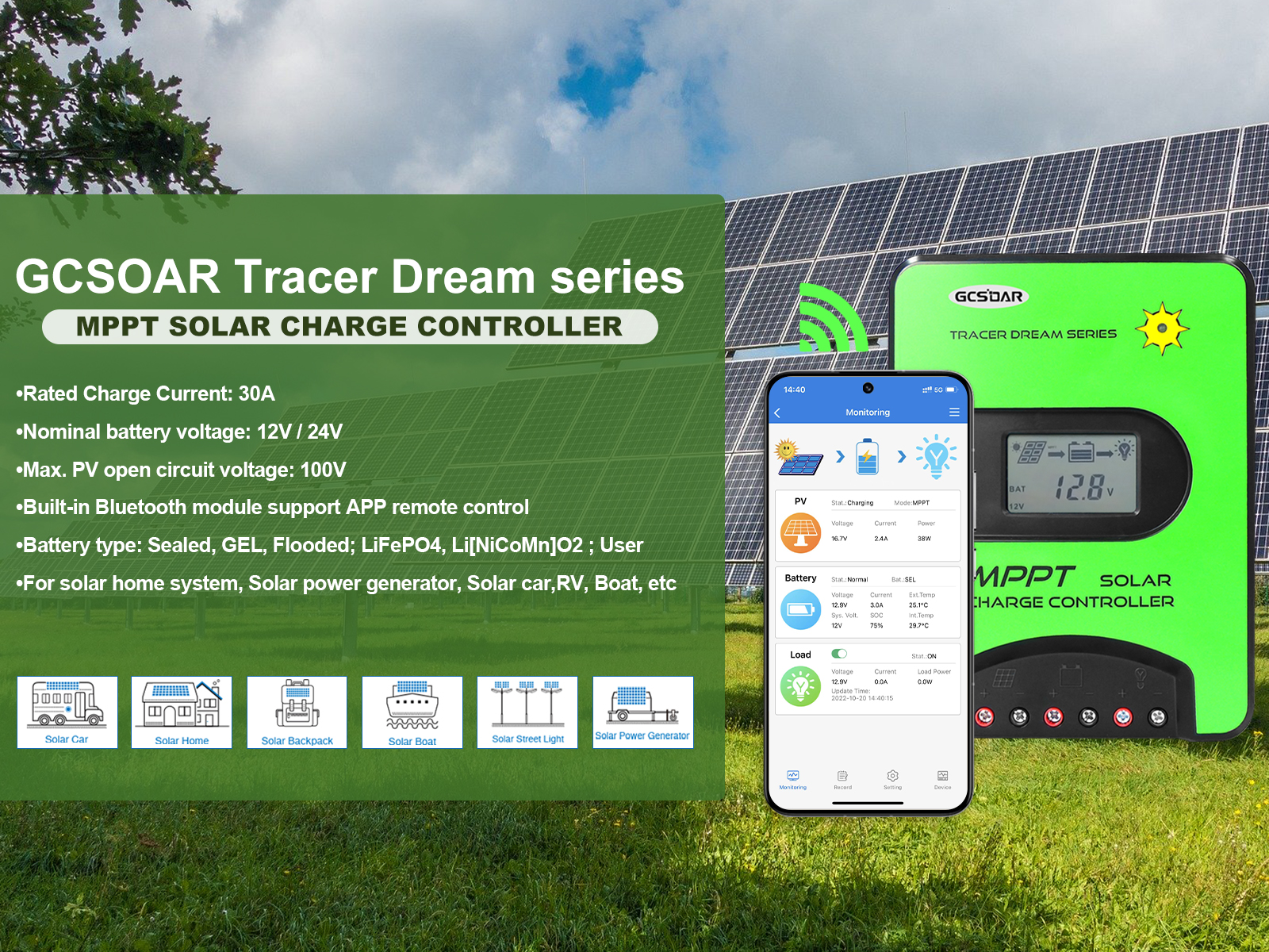 30A MPPT Solar Charge Controller 12V/24V Automatic Maximum PV 100V