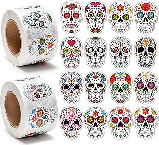 1000PCS Day of The Dead Sugar Skull Sticker Roll, Mexican Dia de Los Muertos Stickers for Water Bottle, Mexican Day of The Dead Decals, Sugar Skull Stickers for Luggage, Laptop, Computer
