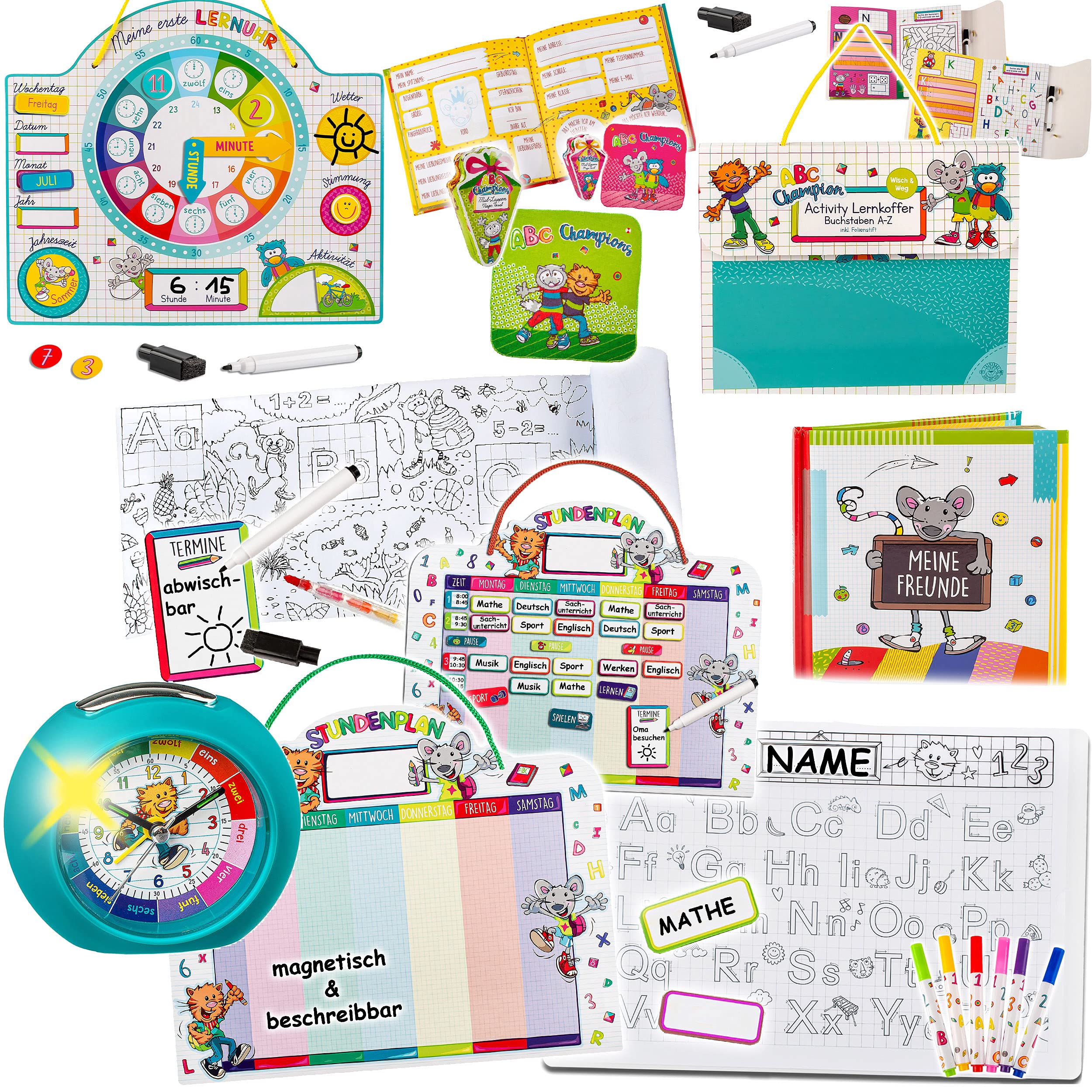 alles-meine.de GmbH XXL Set: Schule & Schulanfang Artikel frei wählbar Freundebuch/Malrolle - inkl. Name - Lernspiel - Malunterlage - Stundenplan/Wochenplaner - Waschflec..