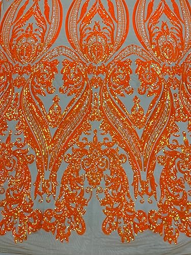 The Yard - Diseño de damasco imperio con lentejuelas bordadas en una tela de malla elástica de 4 vías (naranja iridiscente sobre malla nude)