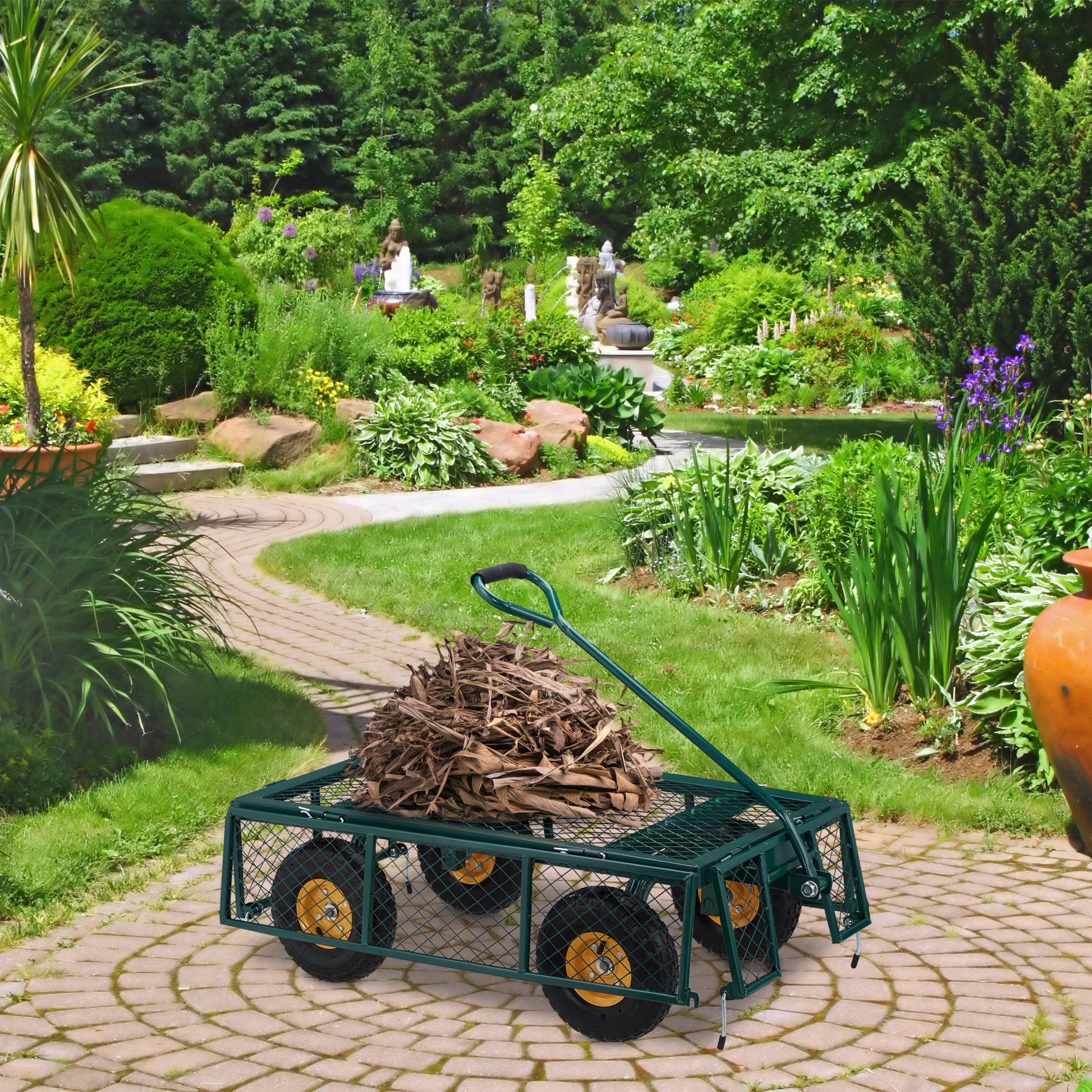 Relaxdays Carretilla Mano, Práctica Carreta de Jardín, Ruedas Neumáticas, Laterales Plegables, hasta 250 kg, Verde