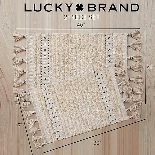 Miniatura 2 de Juego de alfombras boho de Lucky Brand 100% algodón con flecos para cocina, juego de 2 piezas de 17" x 32" y 20" x 40", alfombra de baño boho en