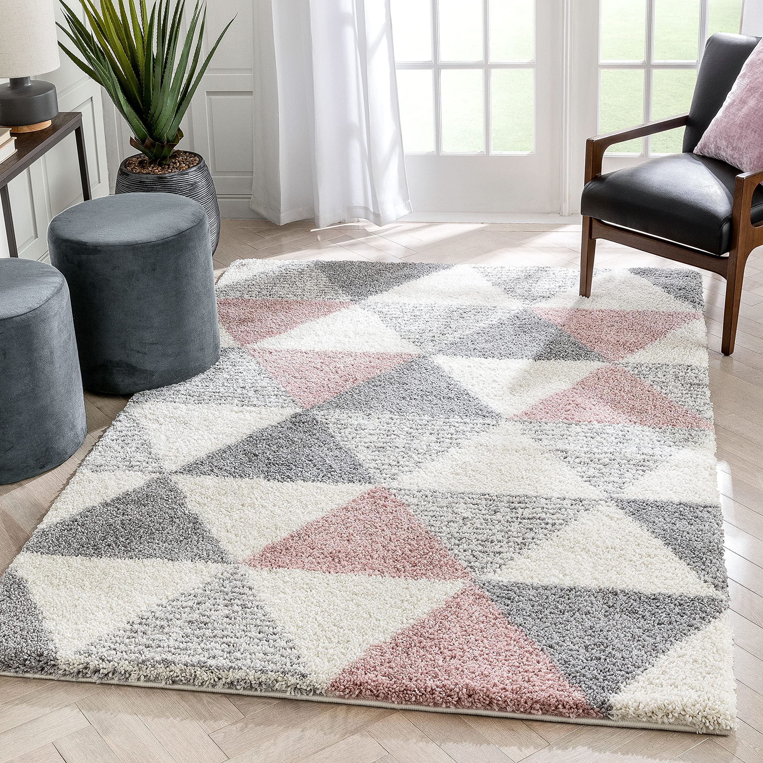 Well Woven Reya Pink | Thick Nordic Shag | Trinagles Geometric Pattern Area Rug 3x5 (3'11" x 5'3")