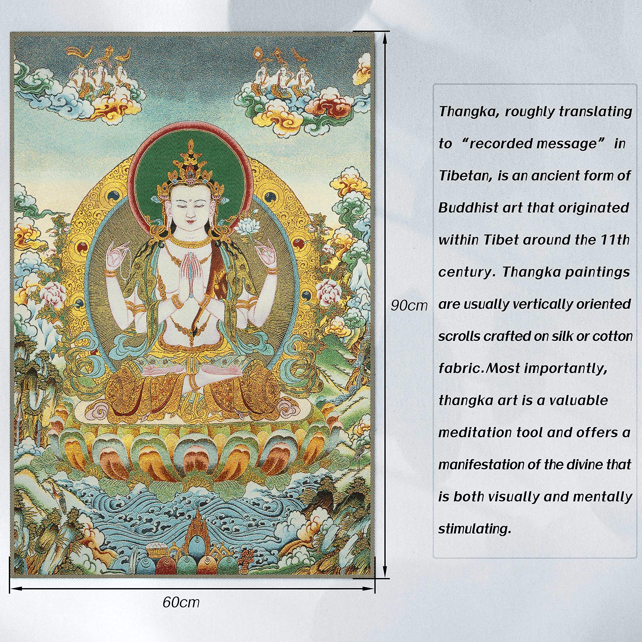 Prime Feng Shui - Thangka tibetano ricamato in seta, con Tara verde/ Buddha kashgari/Kwan Yin a quattro braccia/Avalokitesvara, da appendere alla parete, decorazione per la casa, per meditazione Kt038