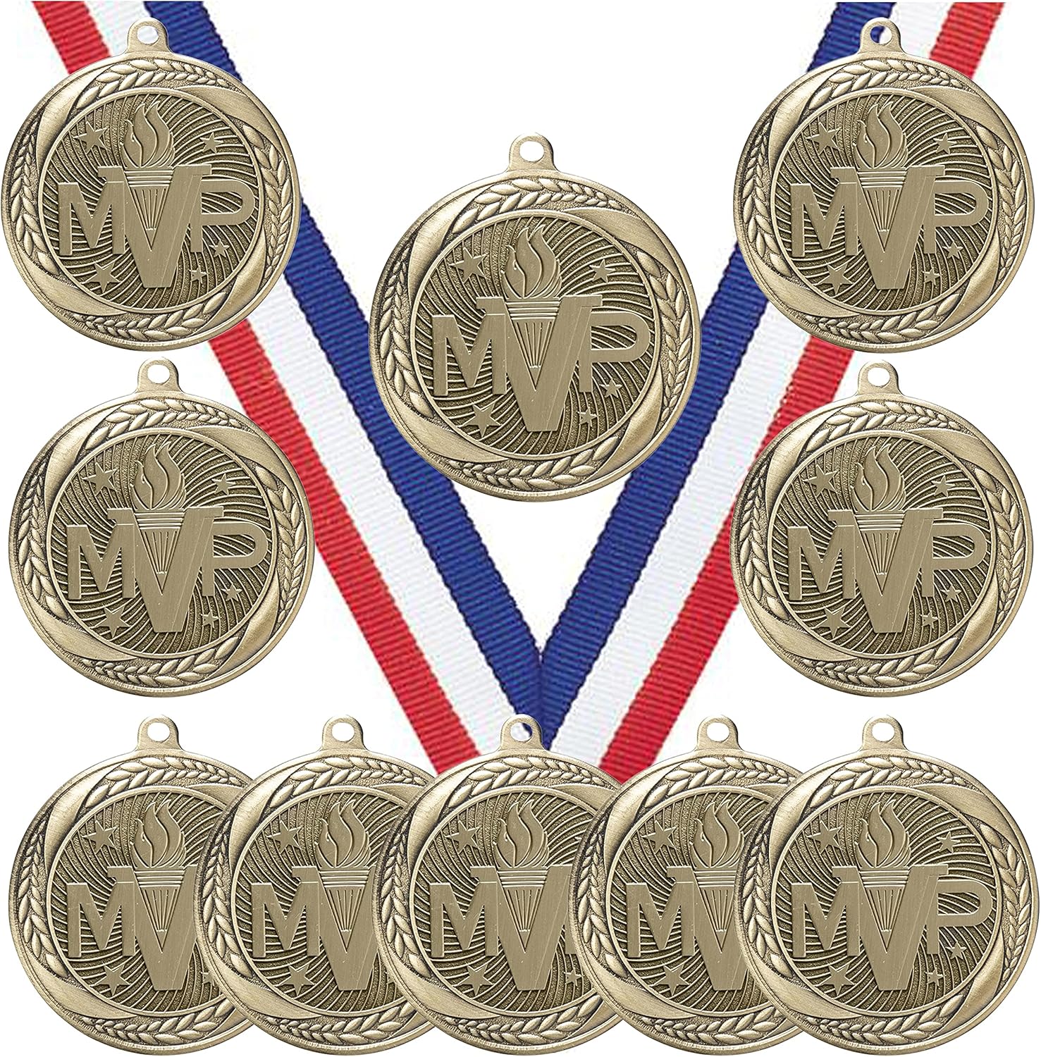 10 Pack of MVP Gold Medals Trophy Award with Neck Ribbons MS2