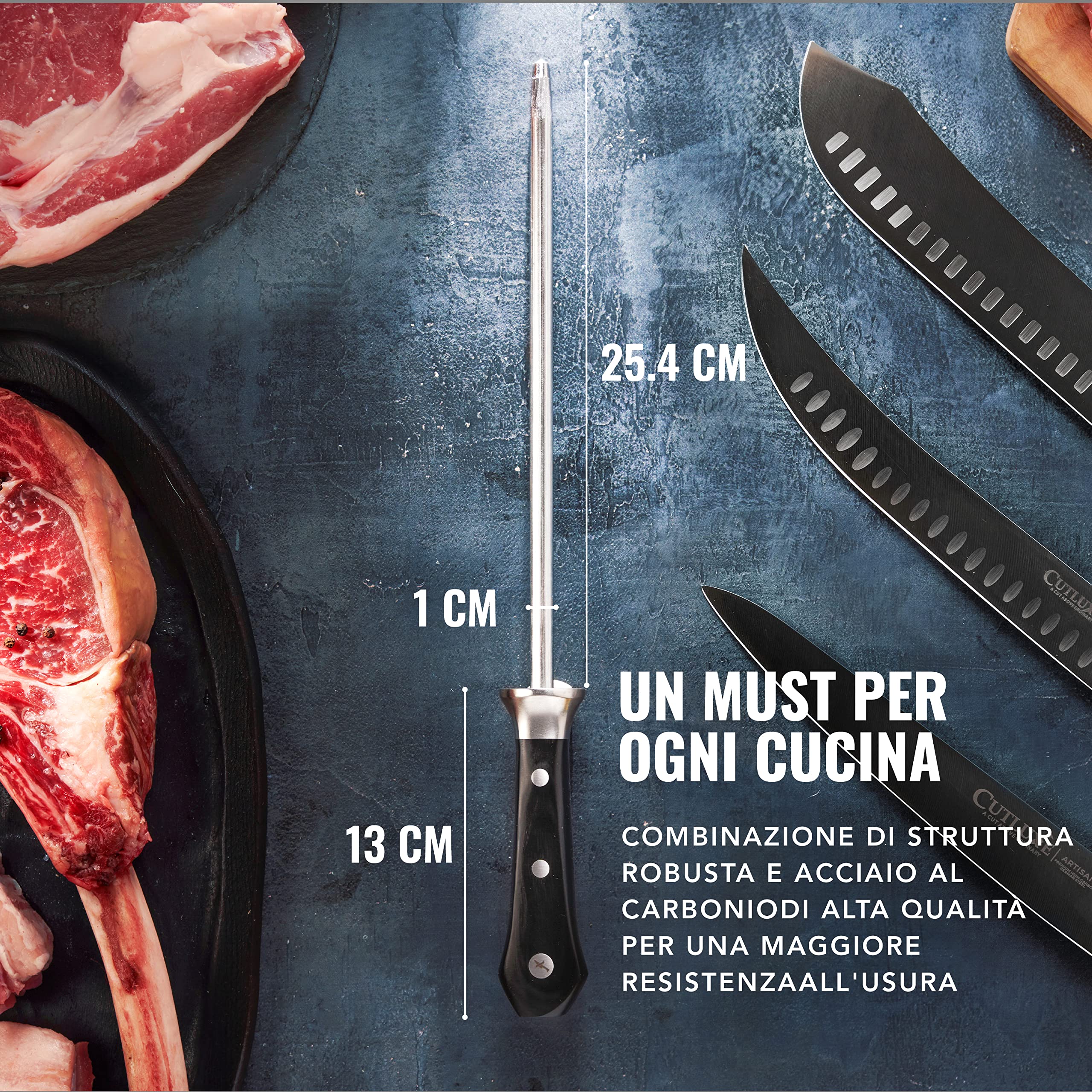 Cutluxe Acciaino Affilacoltelli, 25cm, Acciaino Coltelli, Acciaio al Carbonio, Manico Ergonomico, Artisan Series