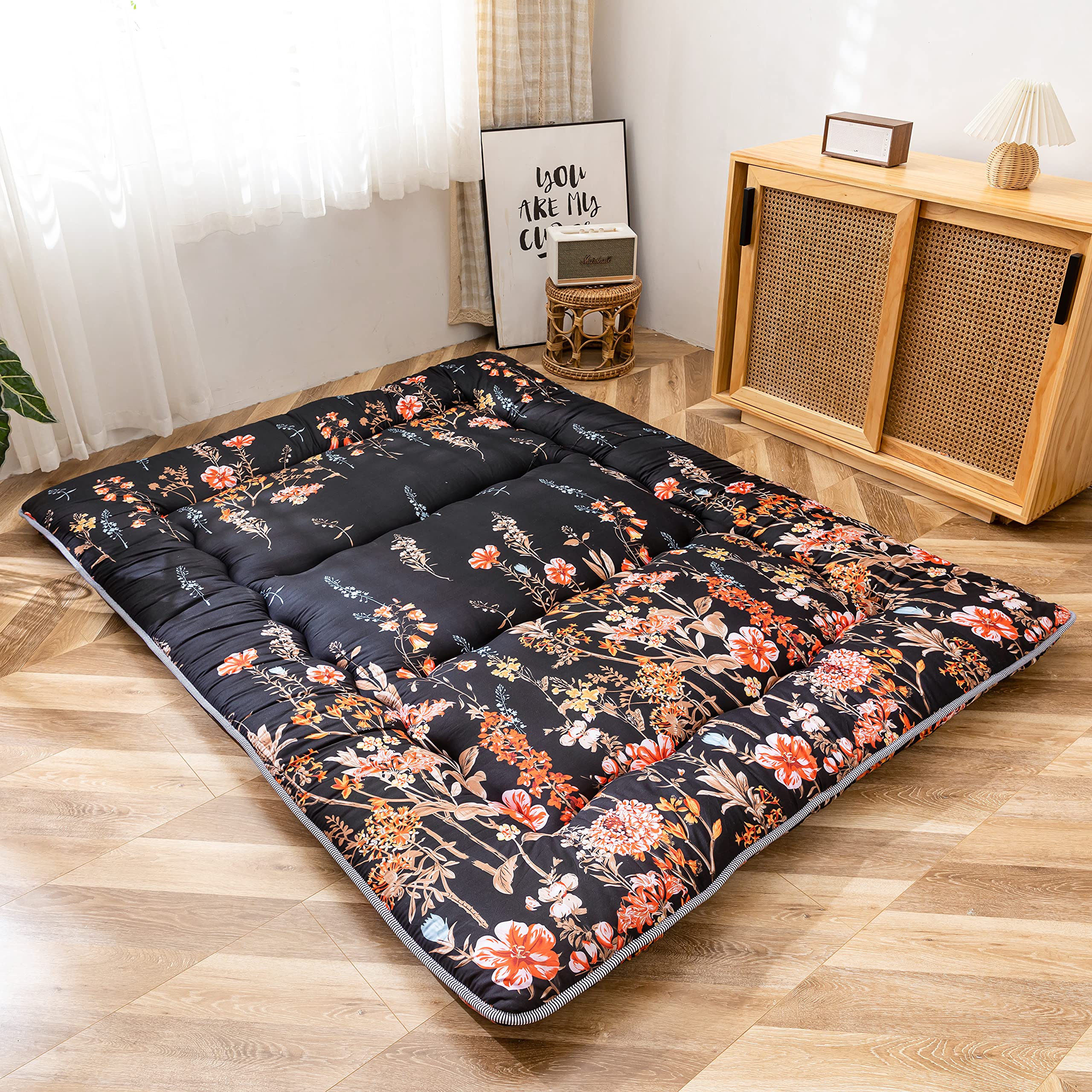 MAXYOYO Japanese Floor Futon Mattress, Thicken Tatami Mat Sleeping Pad Foldable Roll Up Mattress Dormitory Mattress Pad Floor Lounger Pillow Bed (Black Floral, Double)