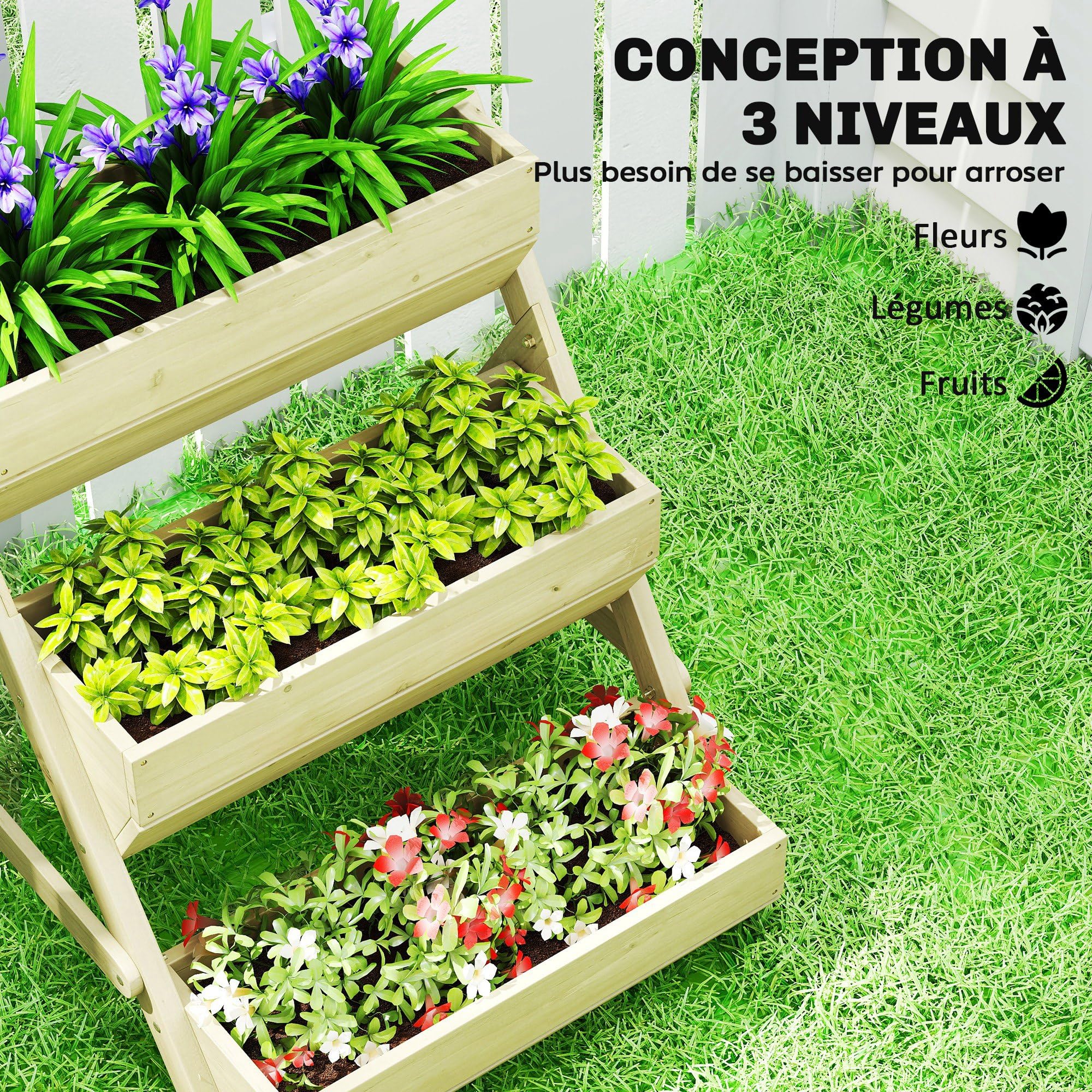 Outsunny Jardinière Surélevée en Bois avec 3 Étages 65 x 75 x 76 cm Vert | Bac à Fleurs, Étagère en Escalier pour Plantes, Trous de Drainage, pour Terrasse Balcon Jardin, Herbes Aromatiques