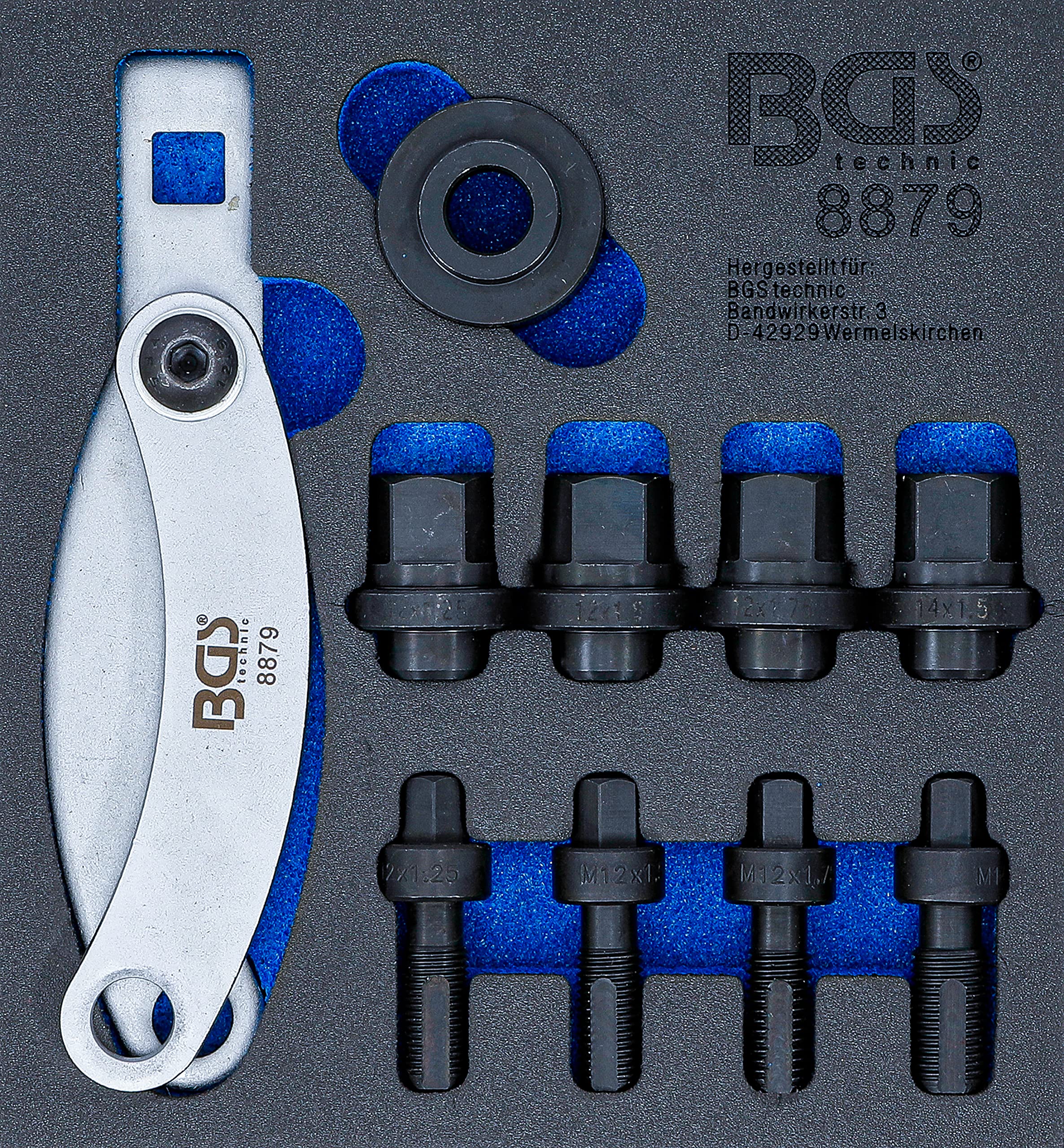 BGS 8879 | Werkstattwageneinlage 1/6 | Radbolzen-Montage-Satz | M12 x 1,25/1,5/1,75 | M14 x 1,5 | 7/16" x 20 UNF, 1/2" x 20 UNF | Gegenhalter, Zugmuttern, Nachschneider
