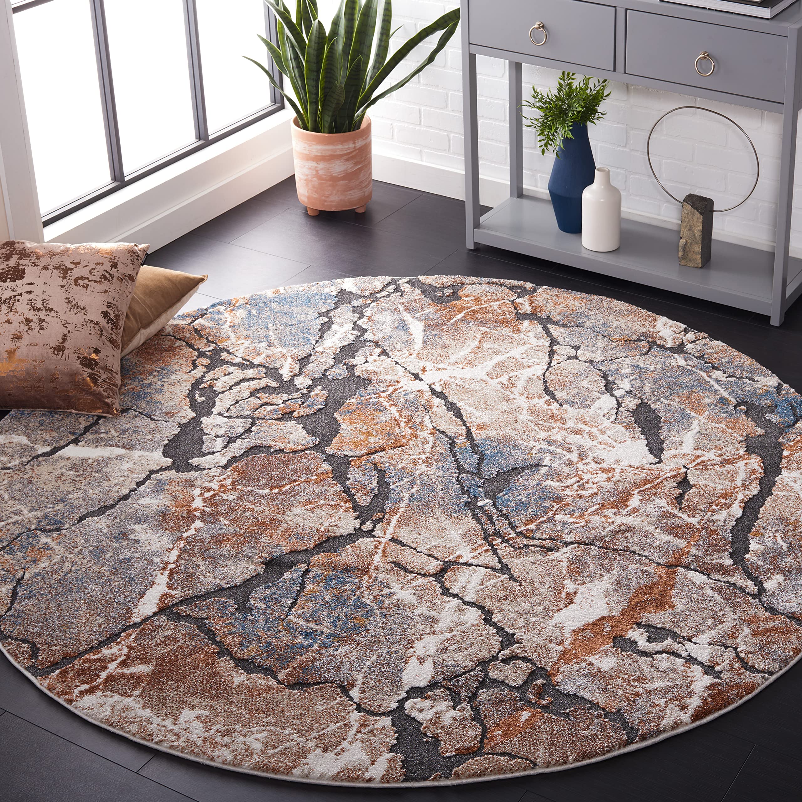 SAFAVIEH Cyrus Shag Collection Area Rug - 6'7" Round, Grey & Rust, Modern Abstract Design, Non-Shedding & Easy Care, 0.8-inch Thick Ideal for High