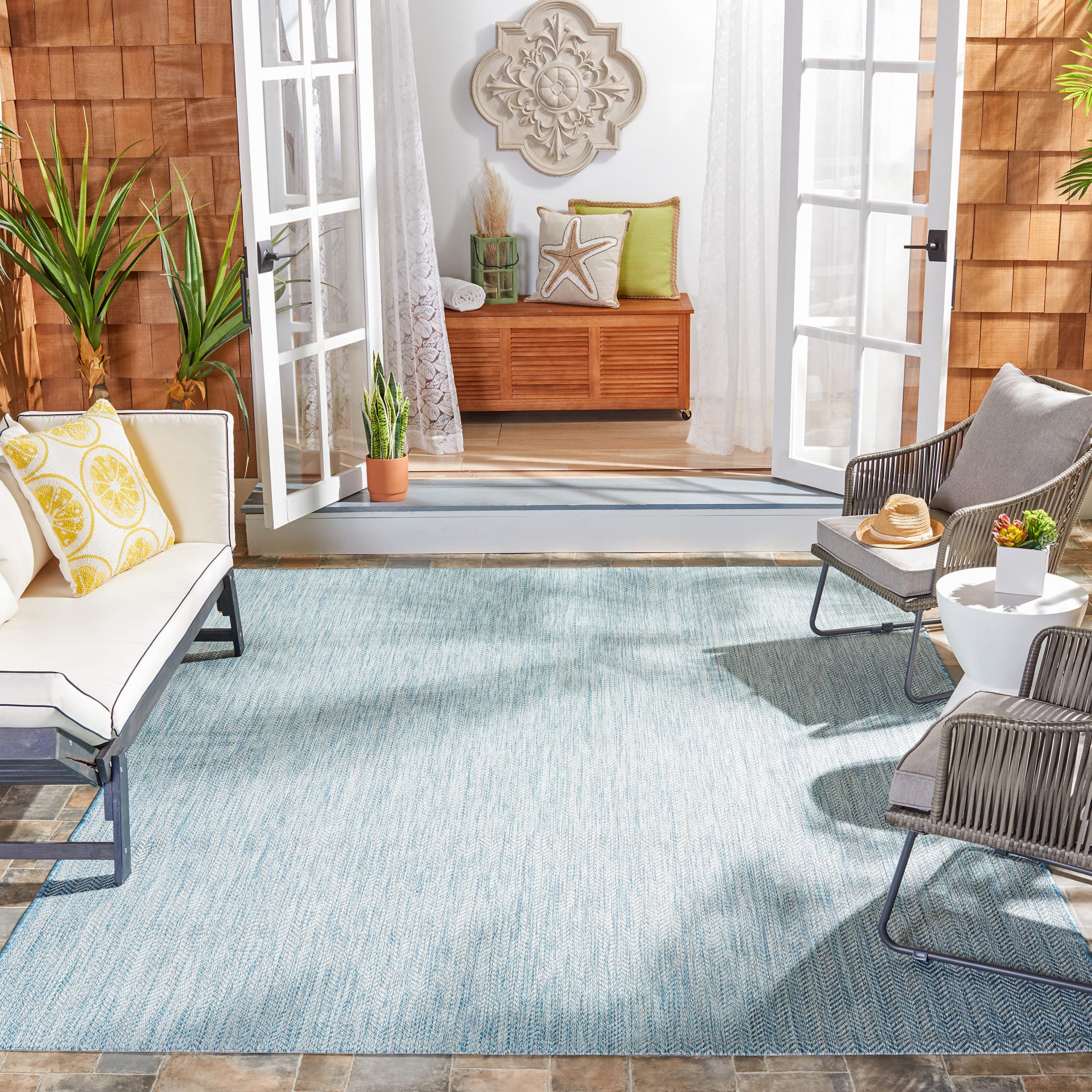 SAFAVIEH Washable Rug Outdoor Courtyard Collection - 7'10" Square, Aqua Blue & Grey, Non-Shedding & Easy Cleaning, Ideal for Patio, Backyard, Mudroom
