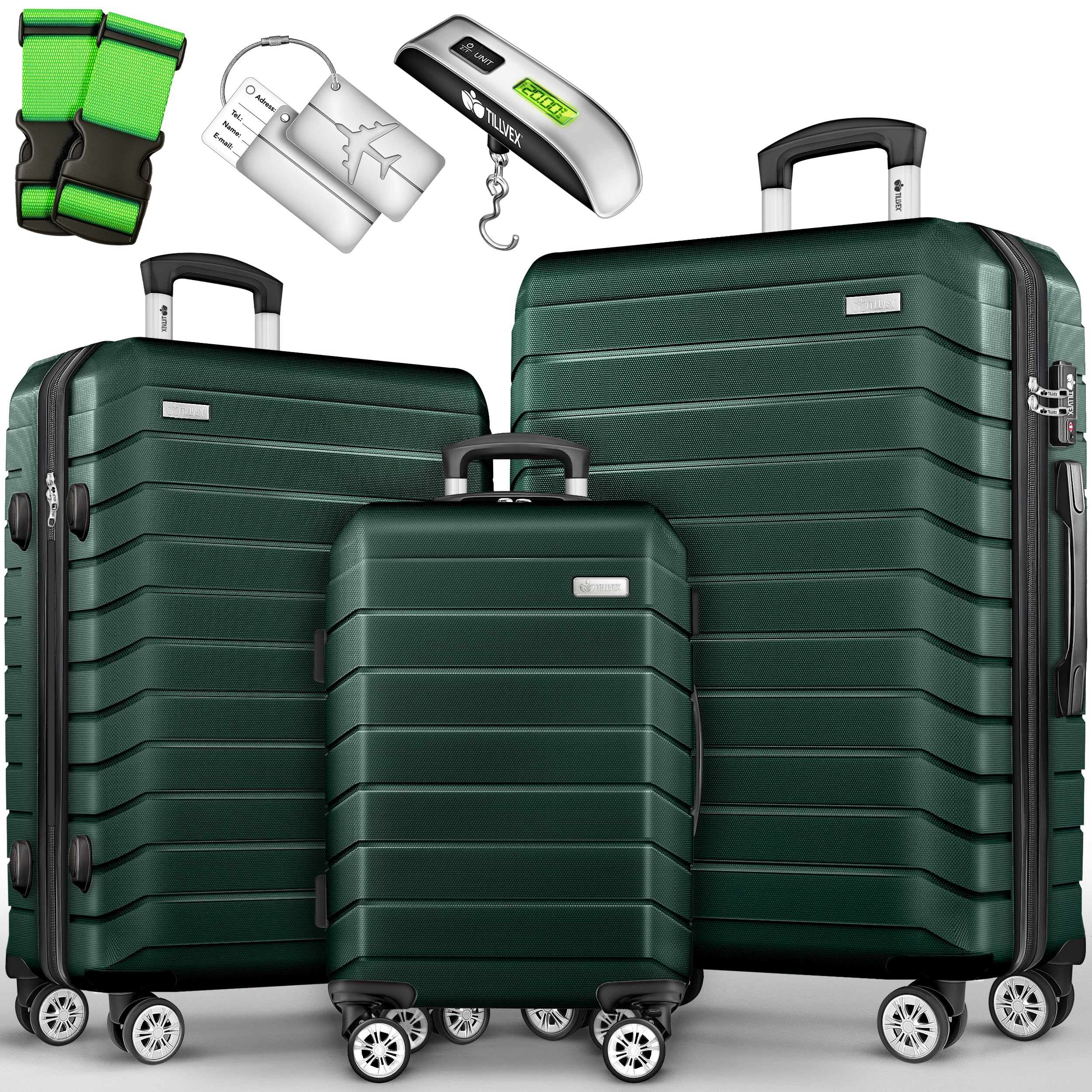 tillvex® Reisekoffer Set 3-TLG. + Gepäckwaage, 6X Koffergurte & 3X Kofferanhänger | Kofferset 4 Rollen | Trolley Gepäck Koffer TSA Schloss | Rollkoffer Hartschalenkofferset M-L-XL (Armeegrün)