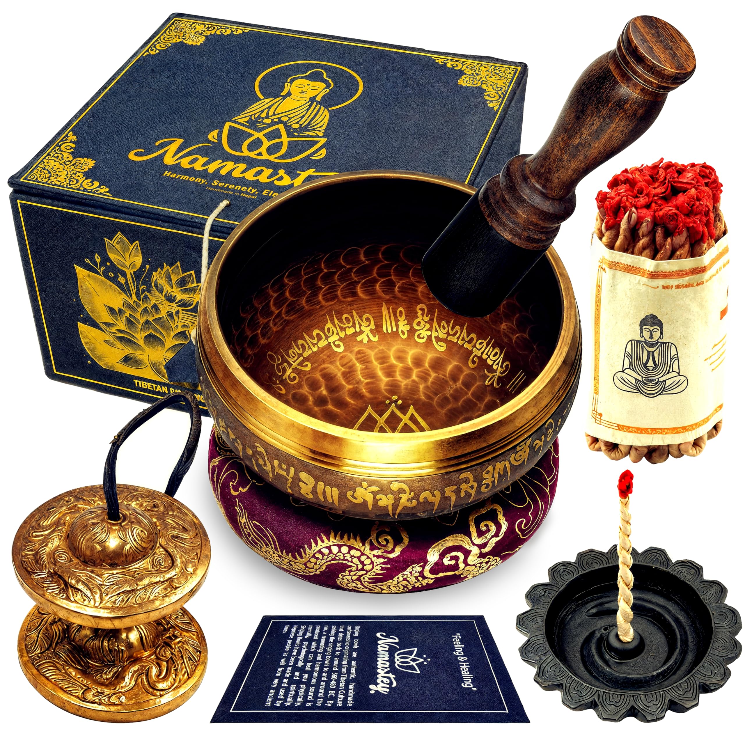 Set de Cuenco Tibetano Ø10 cm Martilleado a Mano – Campanas tibetanas Tingsha, Quemador e Incienso de Cuerda en Caja de Lokta – Accesorios de Meditación y yoga – Hecho a Mano en Nepal