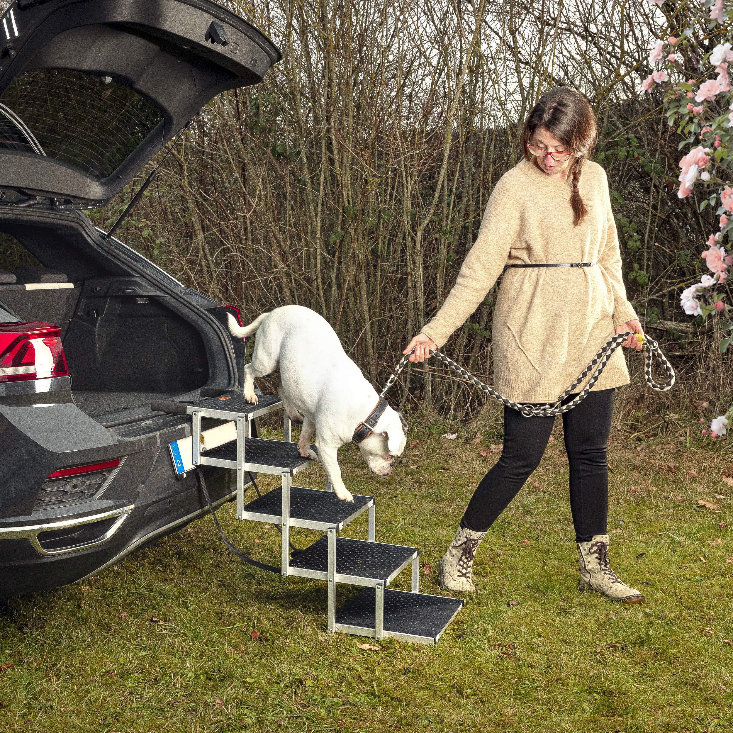 ONVAYA® Hundetreppe faltbar | 5 Stufen | Hunderampe Einstieghilfe für Autos oder hohe Betten | klappbare Haustiertreppe | stabile Hundeleiter | praktisch & leicht | für bis zu 60 kg