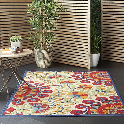 Nourison Aloha Indoor/Outdoor Red/Multi 3'6" x 5'6" Area Rug, Easy Cleaning, Non Shedding, Bed Room, Living Room, Dining Room, Deck, Backyard, Patio (4x6)