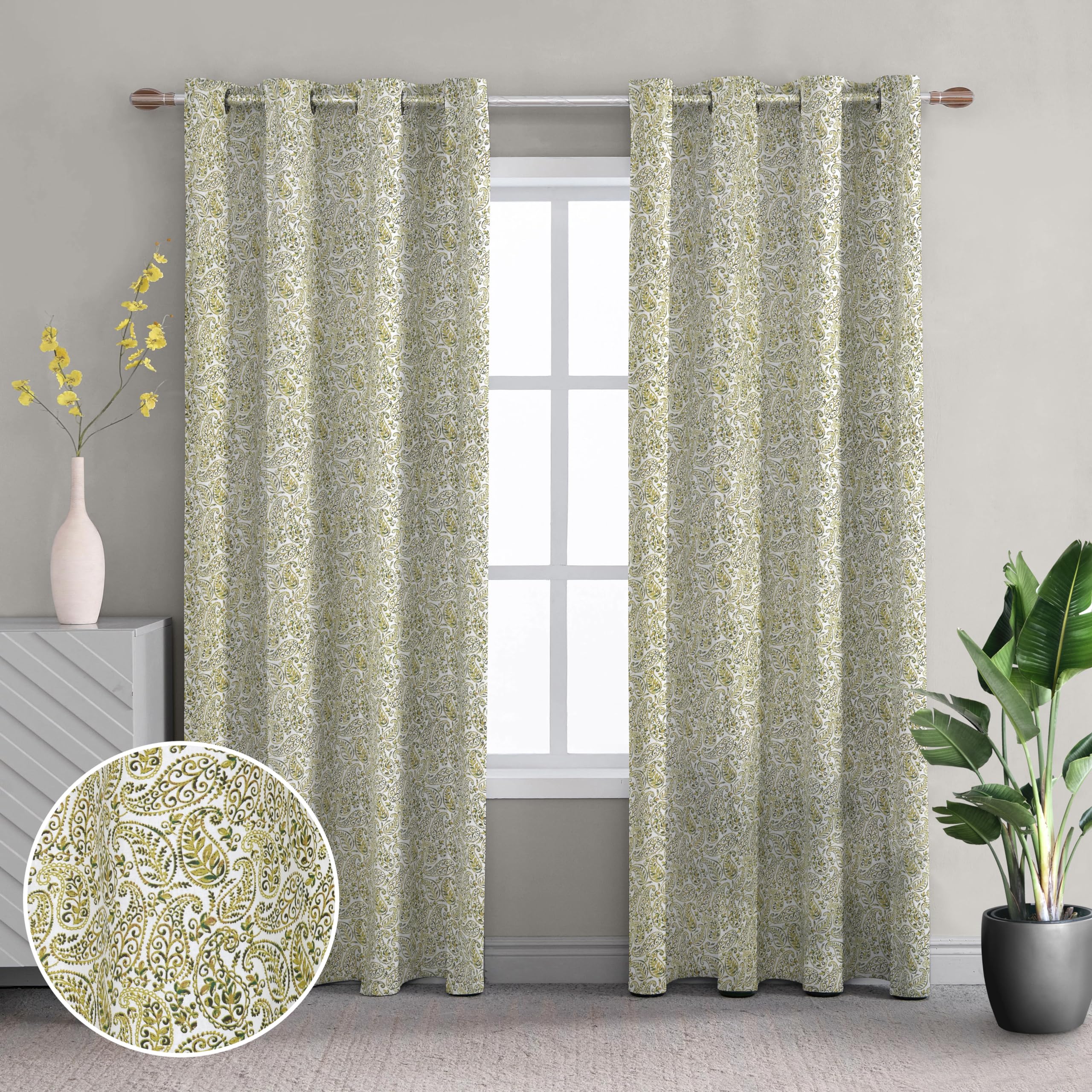 THE LINEN COMPANY Soft Cotton Printed Grommet Window Curtain, 5 Feet, Green Paisley, (Set of 2 Pcs)-image-45