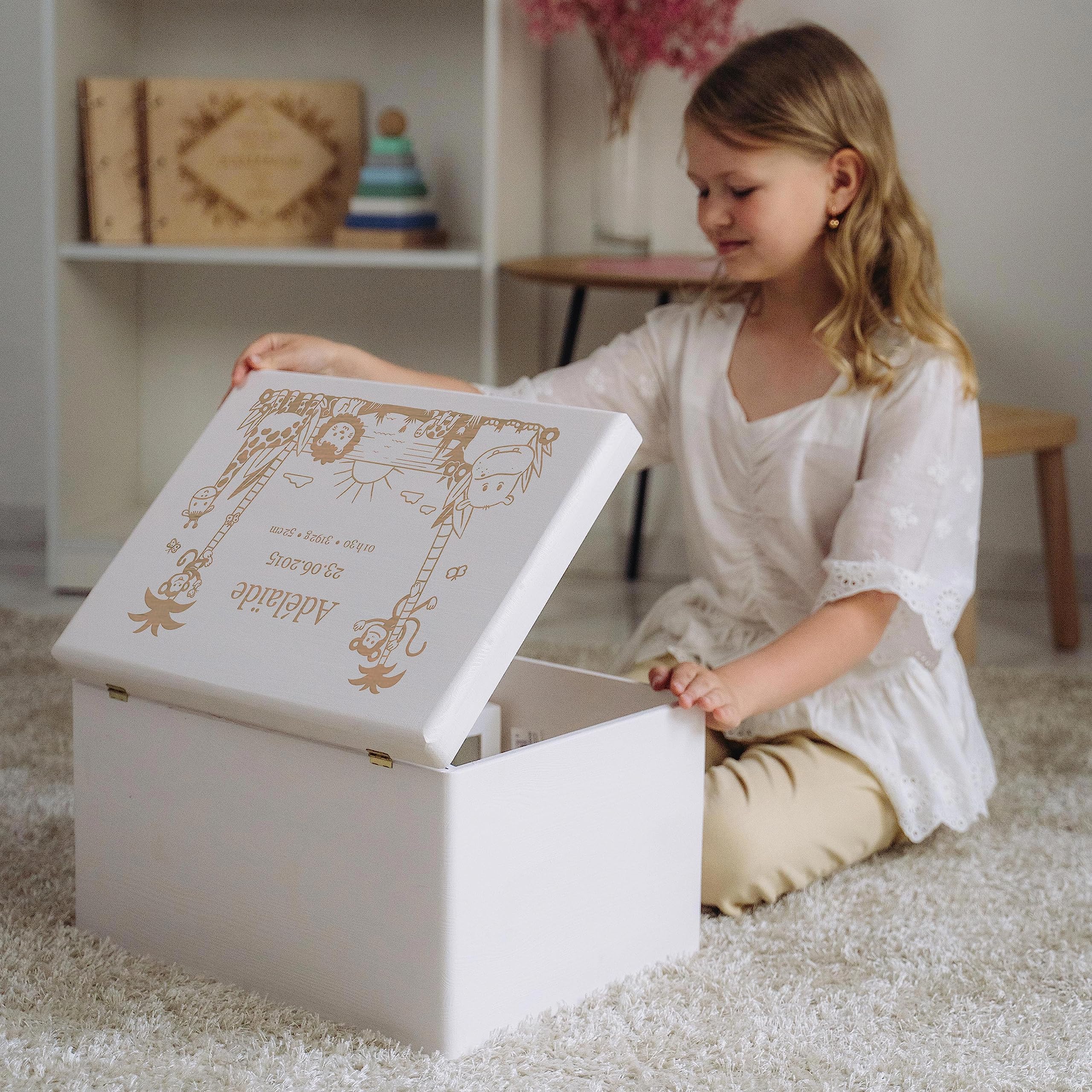LAUBLUST Boîte à souvenir bébé - Jungle - Cadeau naissance personnalisable | Taille XL, env. 40x30x24cm, Blanc - Boîte décorative en bois avec couvercle, FSC®