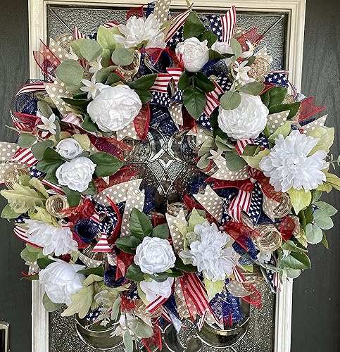 Miniatura 2 de Garden Americana Floral Patriotic Front Door Deco Mesh Wreath, Stars and Stripes, Summer Decor, 4th of July Decoration