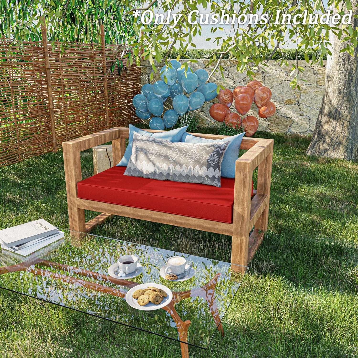 Outdoor Bench Cushion 36 X 18 X 3.5 Inch Thick Waterproof Patio Furniture Cushions, Patio Porch Swing Replacement Seat Pad with Tie Straps and Anti-Slip, for Backyard Garden, Red