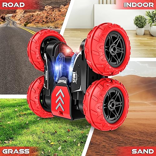Miniatura 6 de Coche de control remoto, autos de acrobacias de juguete de acrobacias, 4WD 2.4Ghz de doble cara giratoria de 360 con luces LED, juguete de auto RC