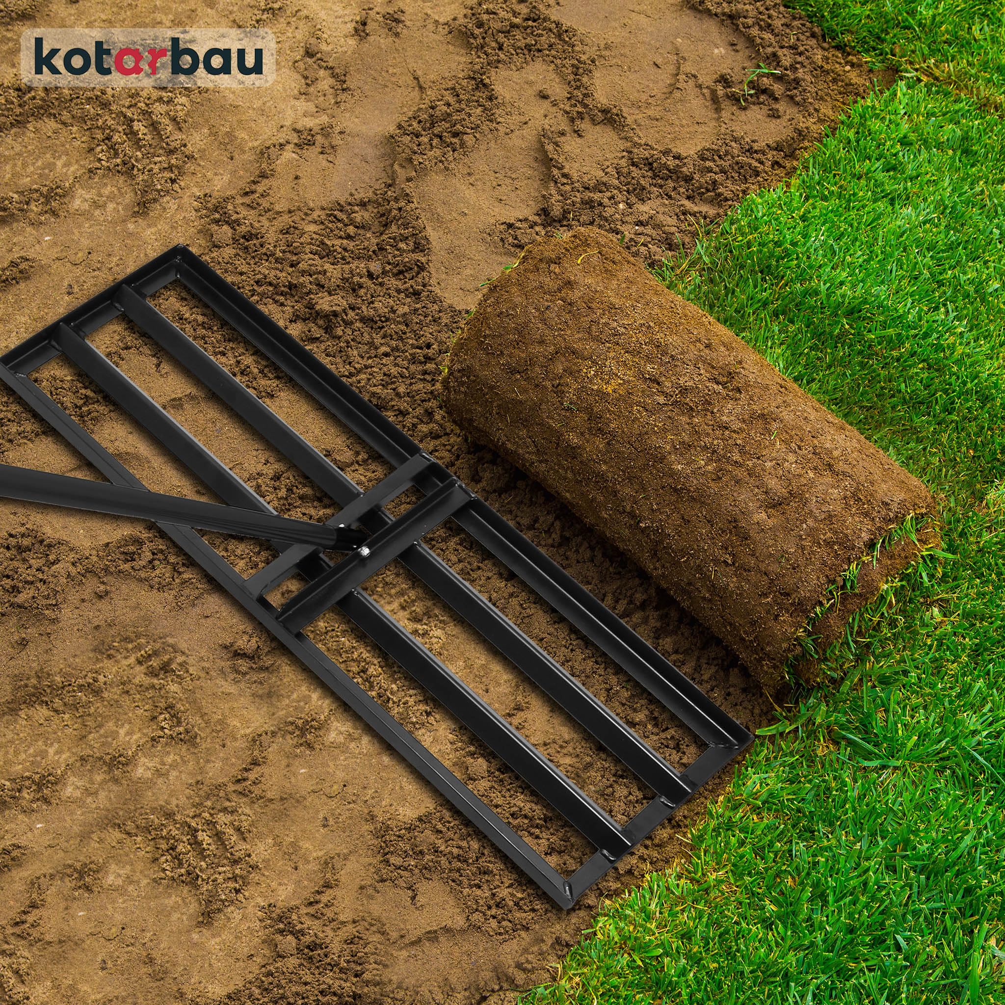 KOTARBAU® Rasenrakel - 90 x 30 cm - Rasen Nivellierrechen - mit Stahlstiel - 175 cm - Gartenwerkzeug zur Rasenpflege - Rasen Rakel - Gartenzubehör - Stahl - Schwarz