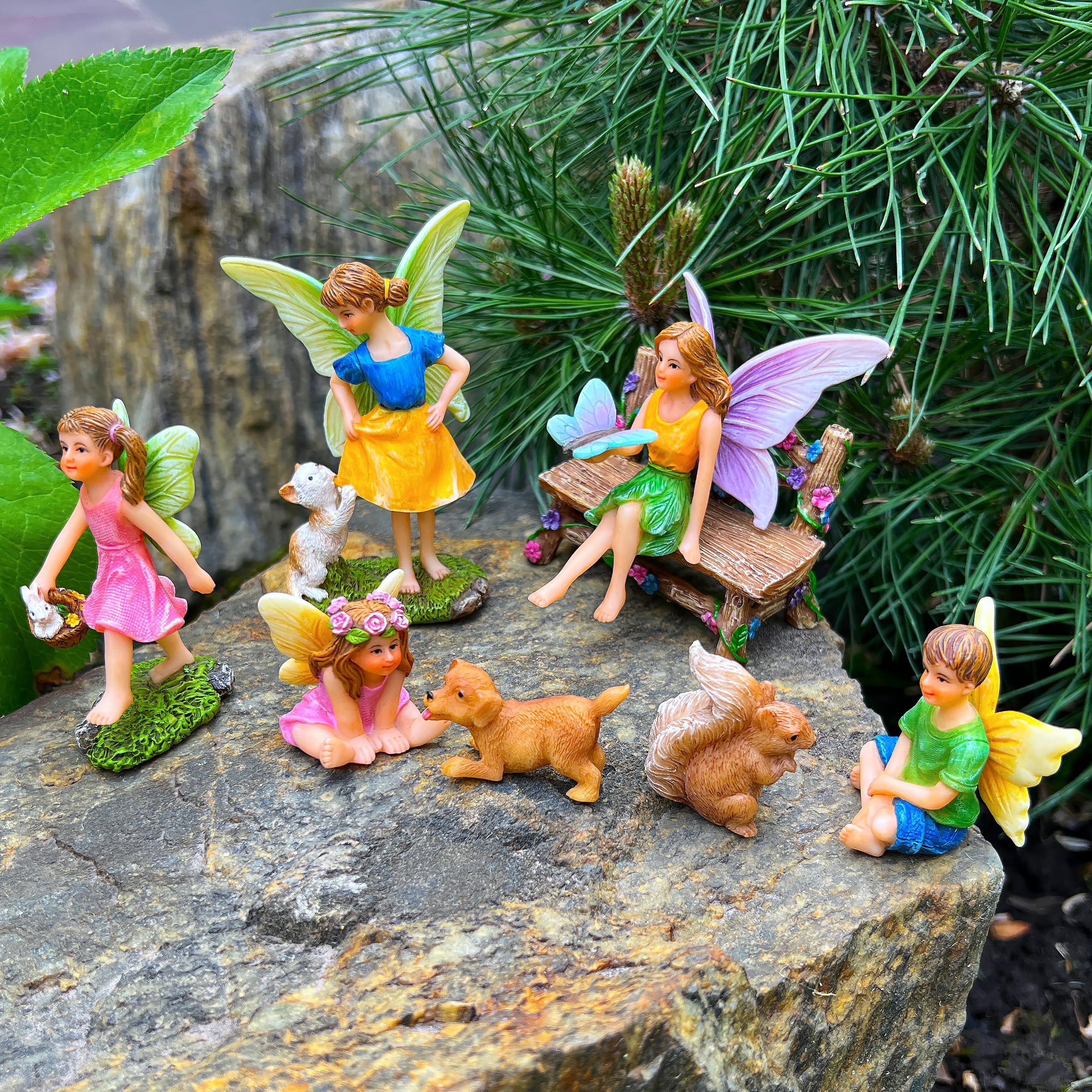 Mood Lab Fairy Garden – Miniatur-Feenfiguren mit Tieren – Statuen & Zubehör Deko-Set mit 8 Stück