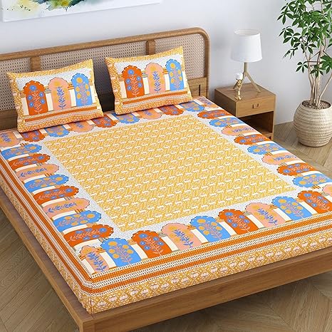 Colorish Cotton Blend Glory Floral Printed Jaipuri Bedsheet for Double Bed King Size with 2 Pillow Covers - Sunkissed Yellow