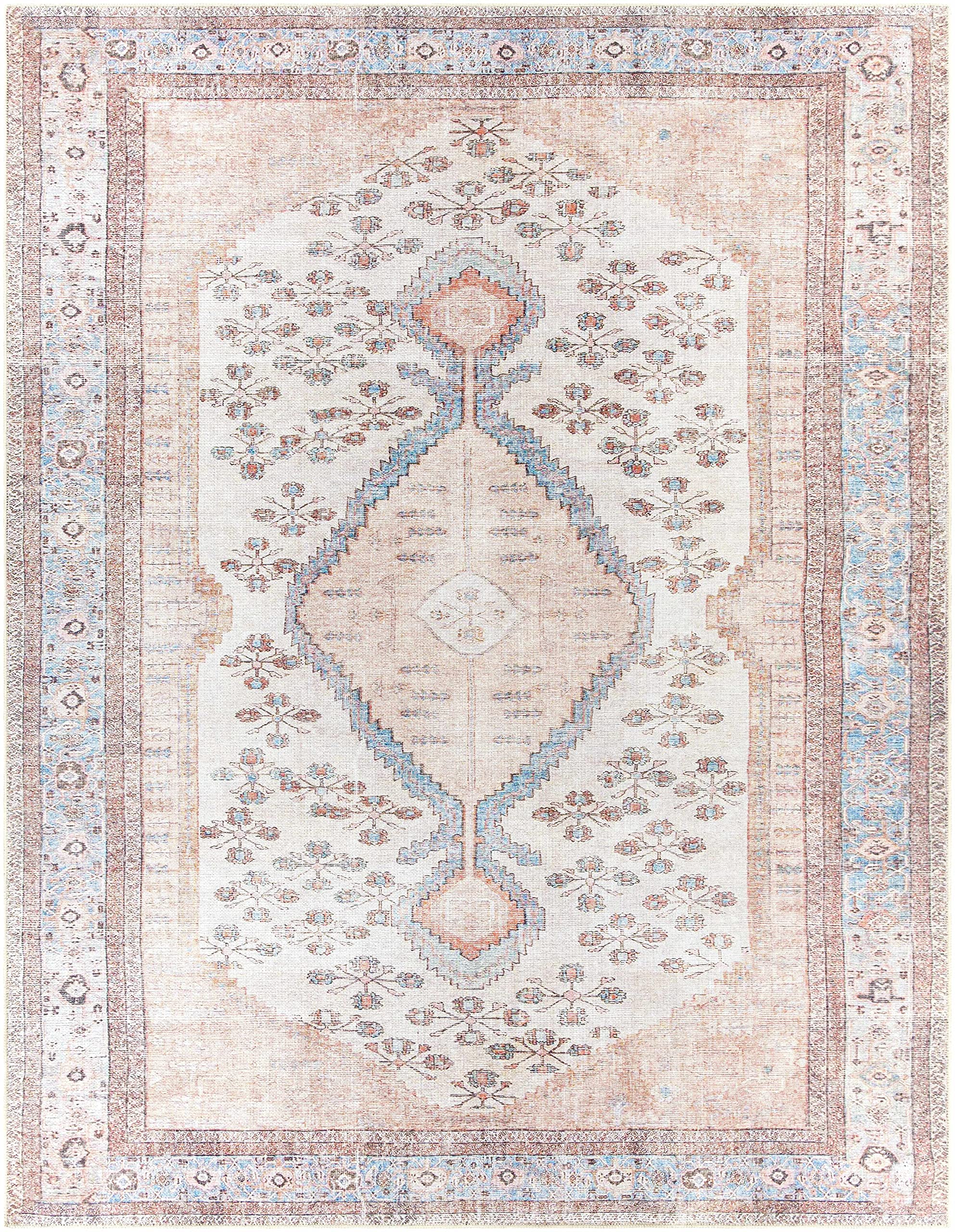 BoutiqueRugs Moora Vintage Persian Medallion Washable Flatweave Traditional Bordered Distressed Floral Tan, Pink, Peach, Sage, 5'3" x 7'3" (5'x7')