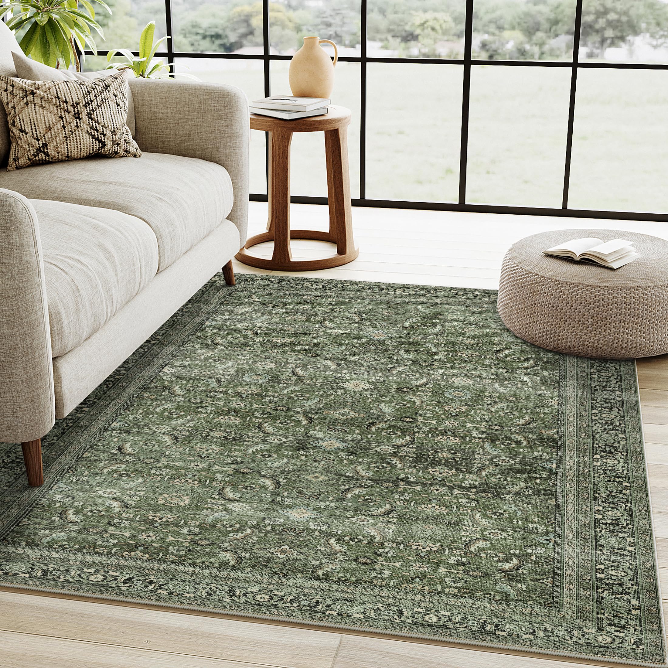 HUGEAR Vintage Teppich Wohnzimmer 120x170cm Grün Waschbar | Waschbarer Retro Teppich,Weich,Rutschfest Kurzflor,Groß,für Wohnzimmer,Schlafzimmer, Esszimmer,Büro,Carpet,Teppiche