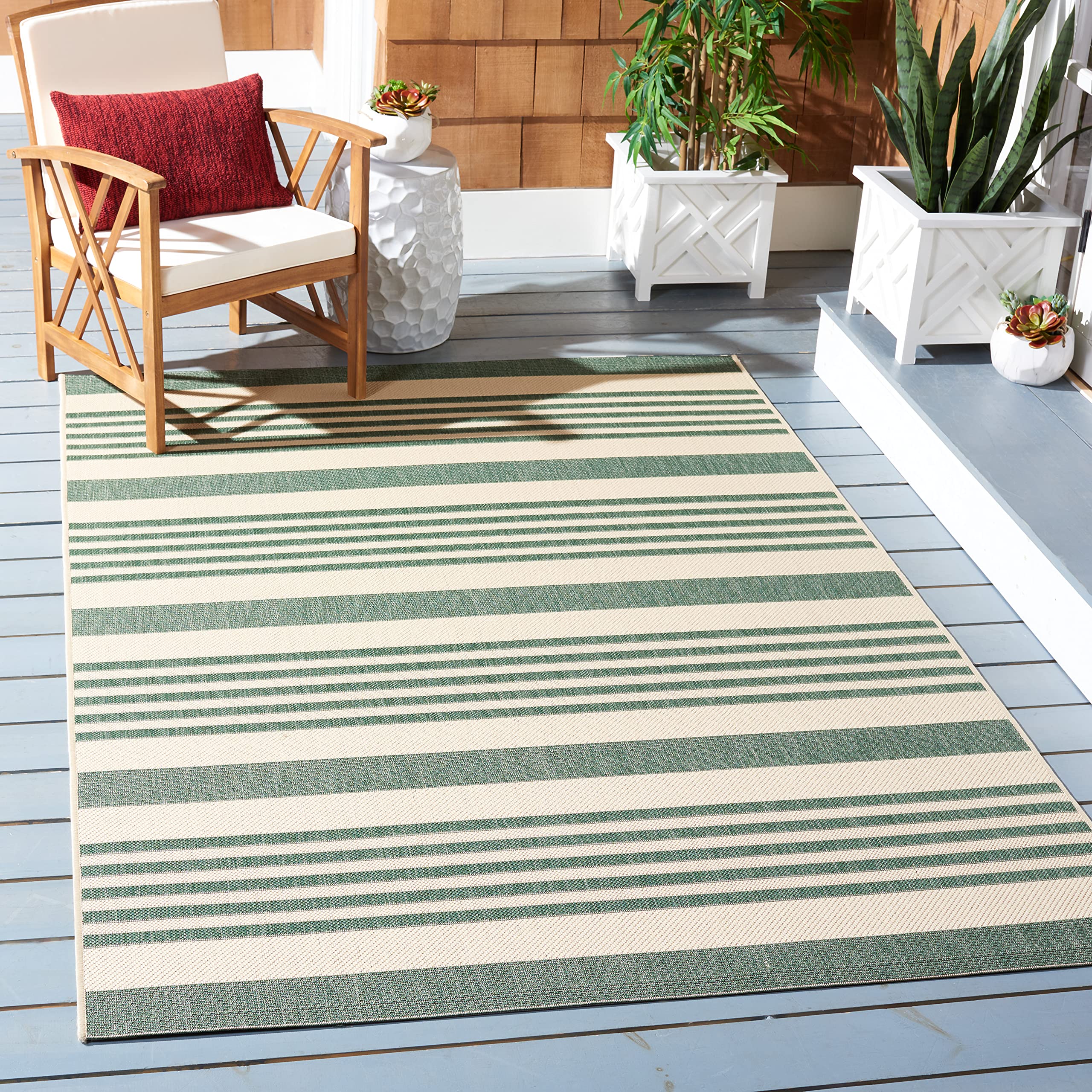 SAFAVIEH Courtyard Collection 6'7" x 9'6" Beige/Dark Green CY6062 Stripe Indoor/ Outside Waterproof Easy cleansingPatio Backyard Mudroom Area Mat