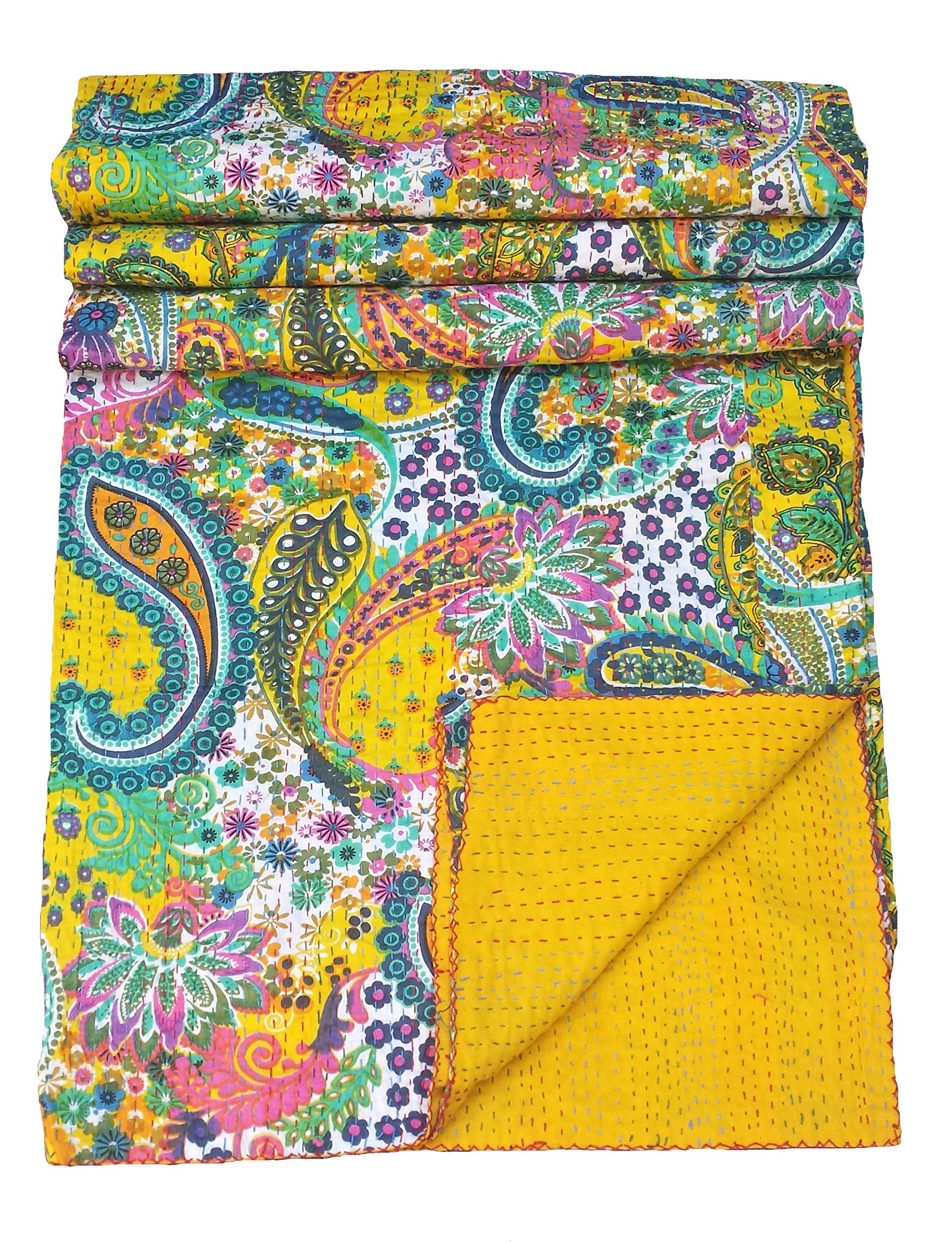 Sophia-Art Multicolor Paisley Print King Size Kantha Quilt, Kantha Blanket, Bed Cover, King Kantha Bedspread, Bohemian Bedding Kantha Size 90 Inch x 108 Inch