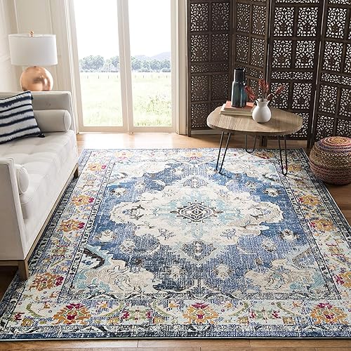 Safavieh Tapete de área grande, colección Monaco, 11 pies x 15 pies, azul marino y celeste, diseño desgastado de medallón, no desprende pelusa, de