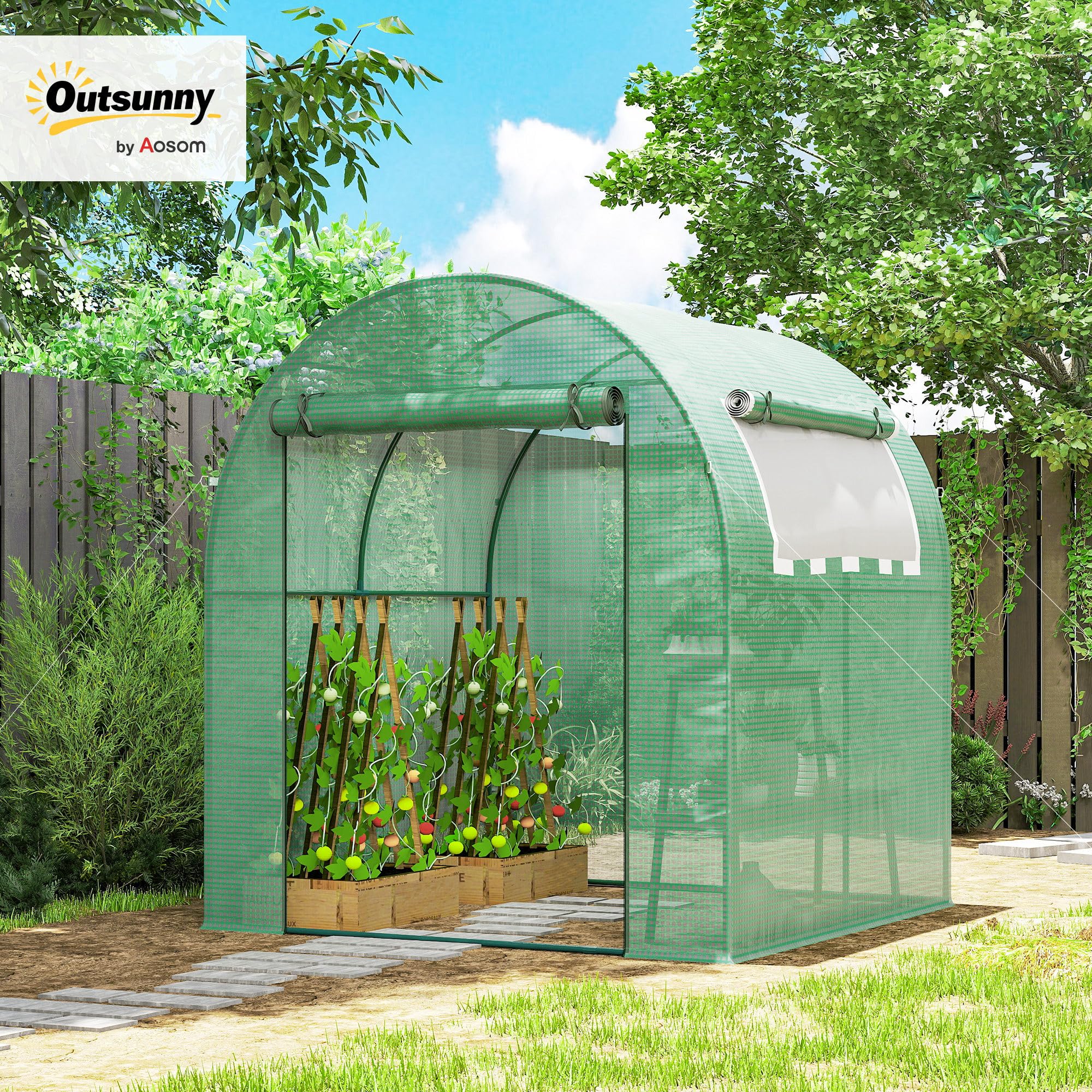 Outsunny Serre tunnel de jardin 3,24m² 180x180x200cm cadre acier porte fenêtre enroulables bâche PE verte