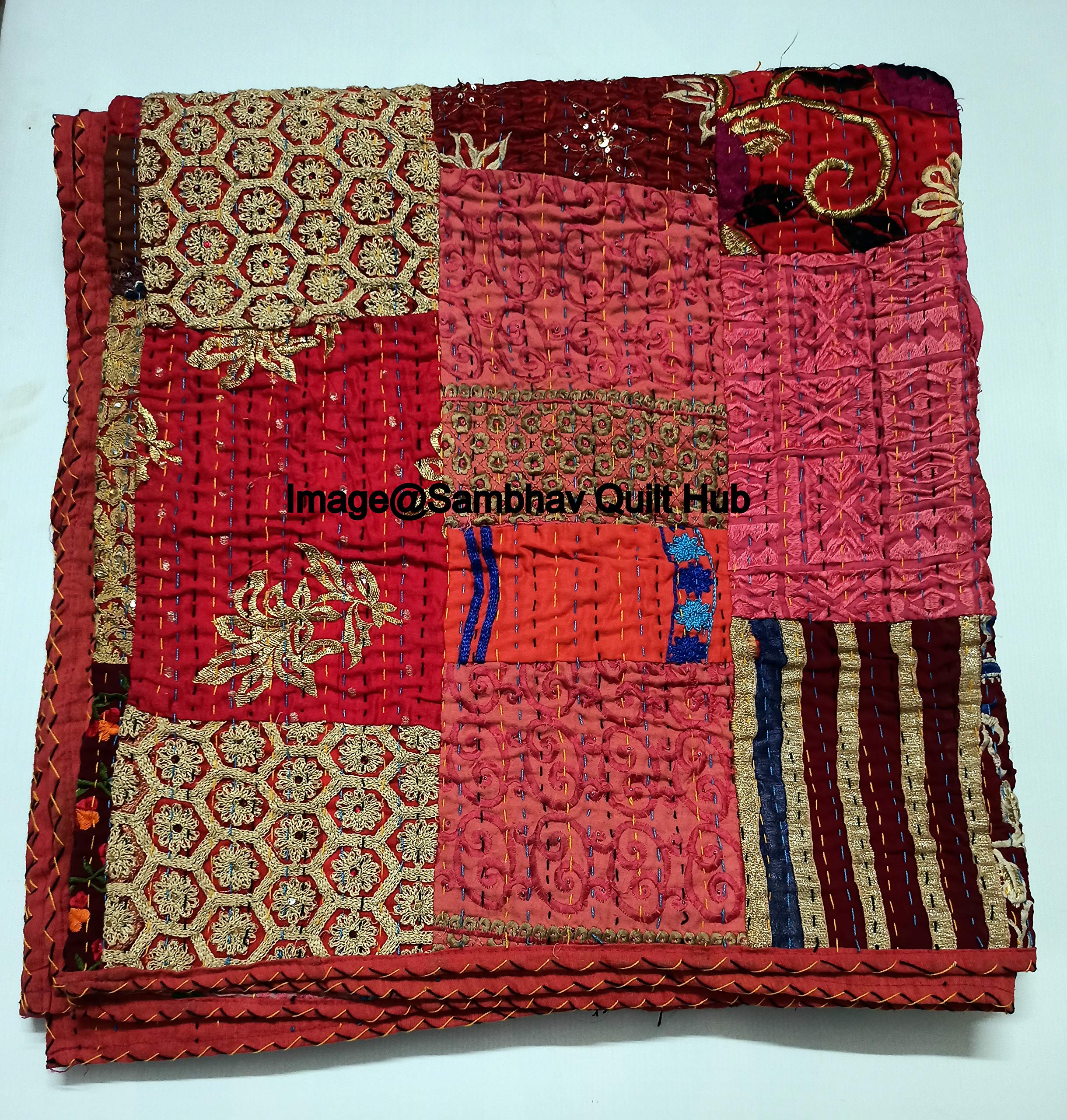 Khambadiya Kantha - Colcha con 2 fundas de almohada, diseño indio, color rojo