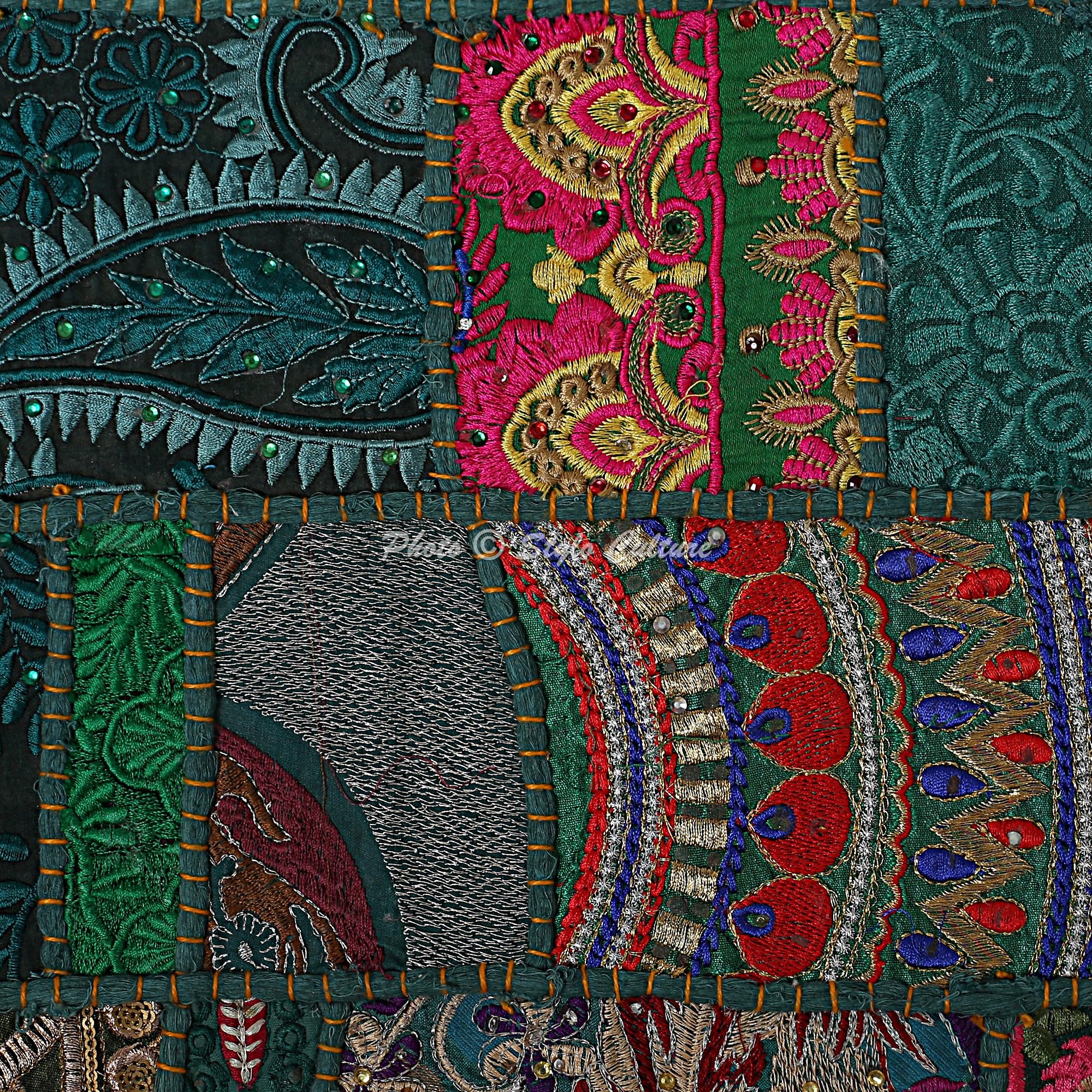 Bohemien Dekorativ Baumwolle Couch Kissenbezüge 40x40 cm Dunkelgrün Dekokissen Vintage Patchwork Schlafzimmer Sofa Kissen Bezüge Blumen Quadrat Umschlagverschluss Kissenhullen - 5 STK.