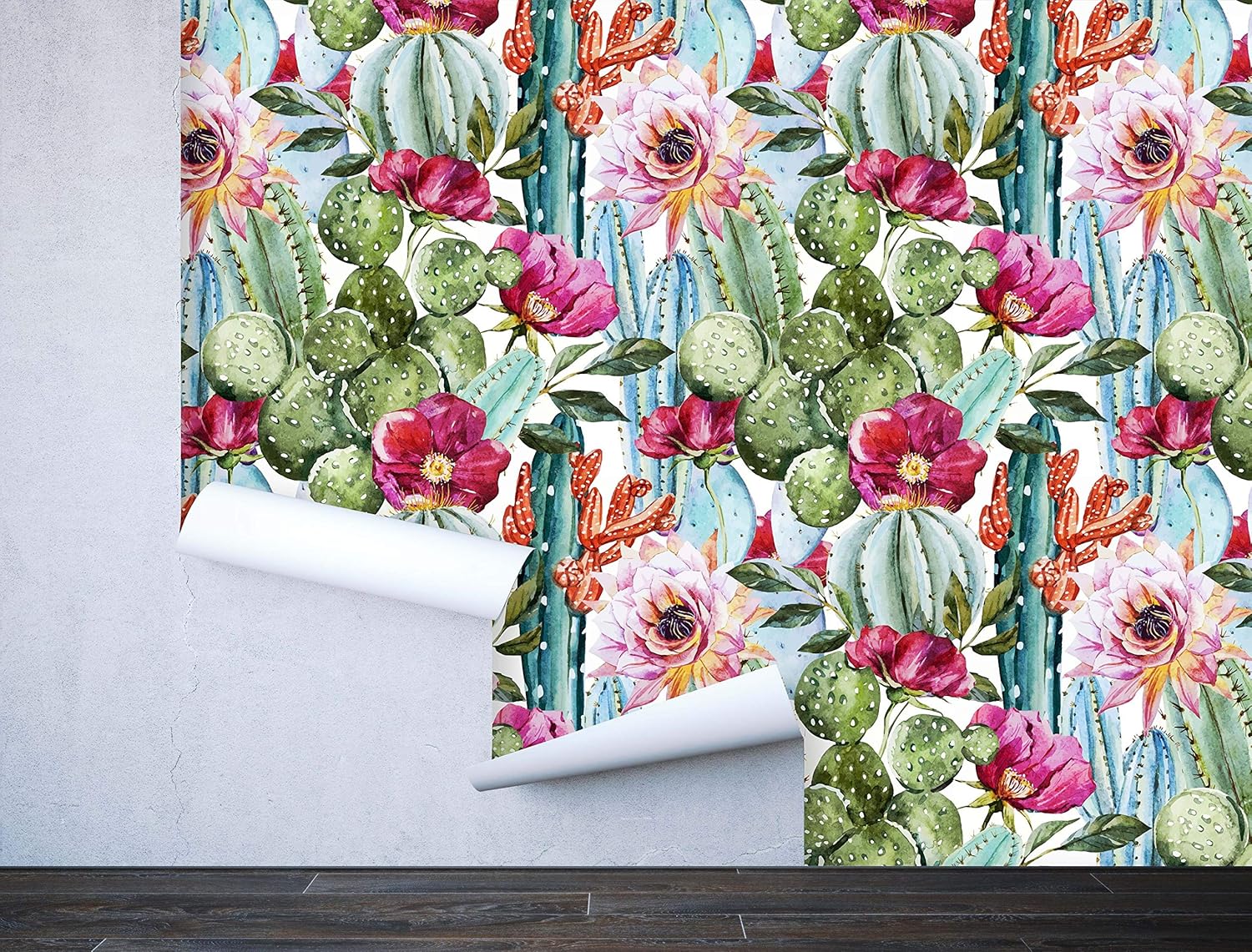 Removable Peel 'n Stick Wallpaper, Self-Adhesive Wall Mural, Watercolor Tropical Pattern, Nursery Decor • Tropical Flowers, Roses and Cactus (24" W x 108" H Inches)
