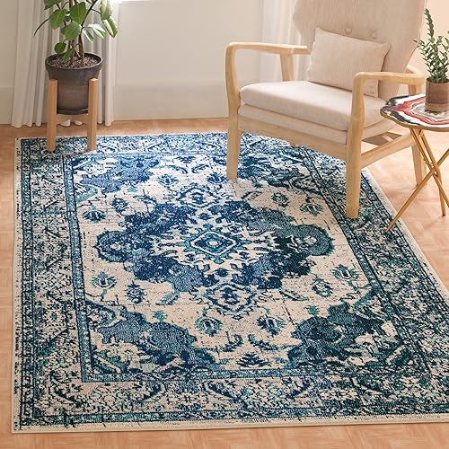 Vista 3 de Safavieh - Tapete de área, colección Monaco, 8 x 10 pies, diseño desgastado bohemio de medallón, blanco marfil y azul, no desprende pelusa, de fácil