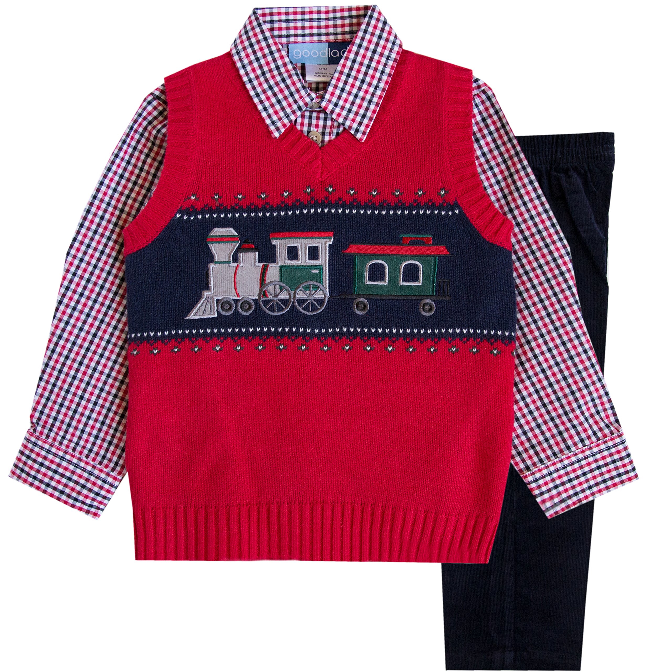 Good Lad2/7 Boys 3 Pc Red Train Motif Sweater Vest Set