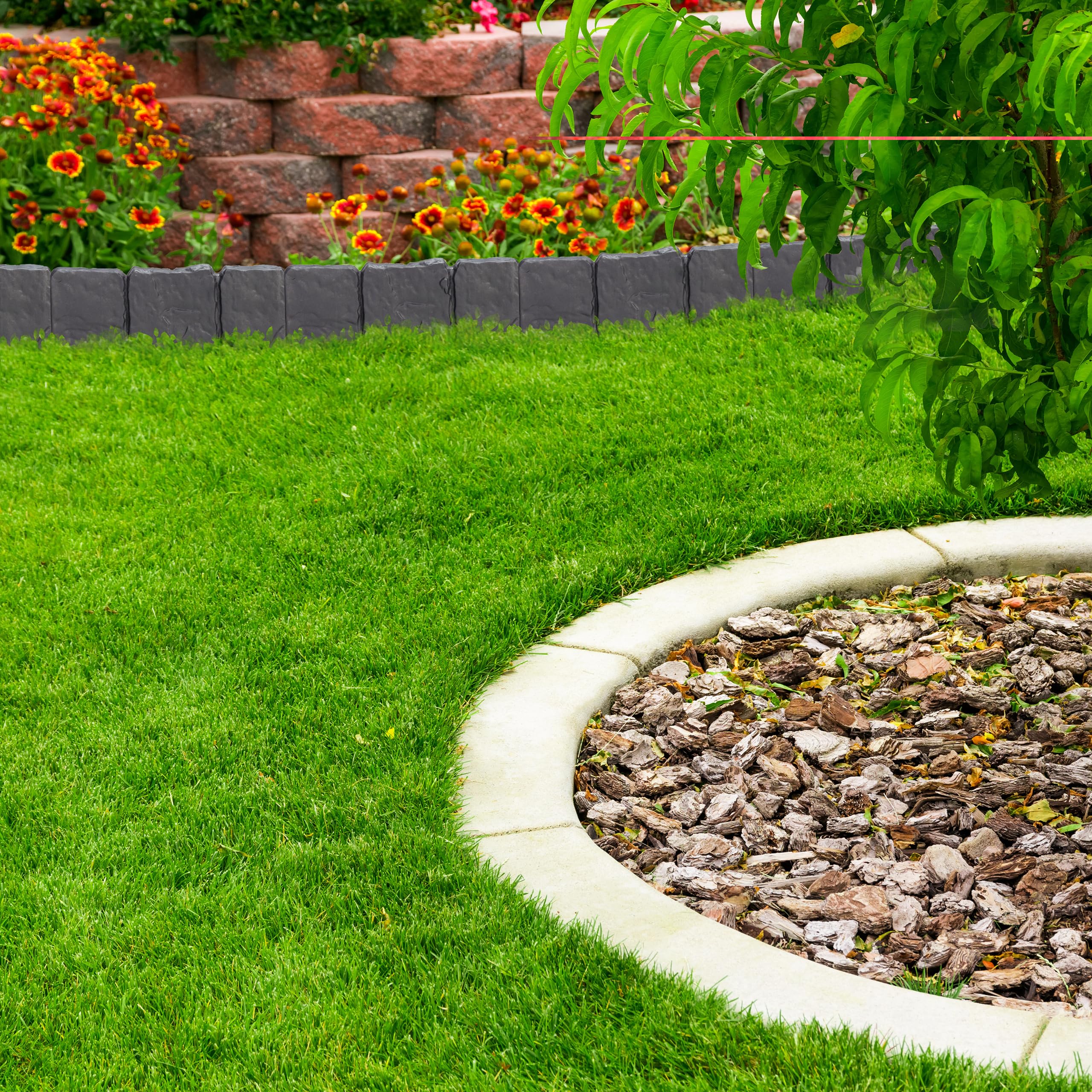 Relaxdays Recinzione da Giardino, Set da 10 Pareti, Bordure per Aiuole Aspetto Pietra, Plastica, HxL 10x25 cm, Antracite